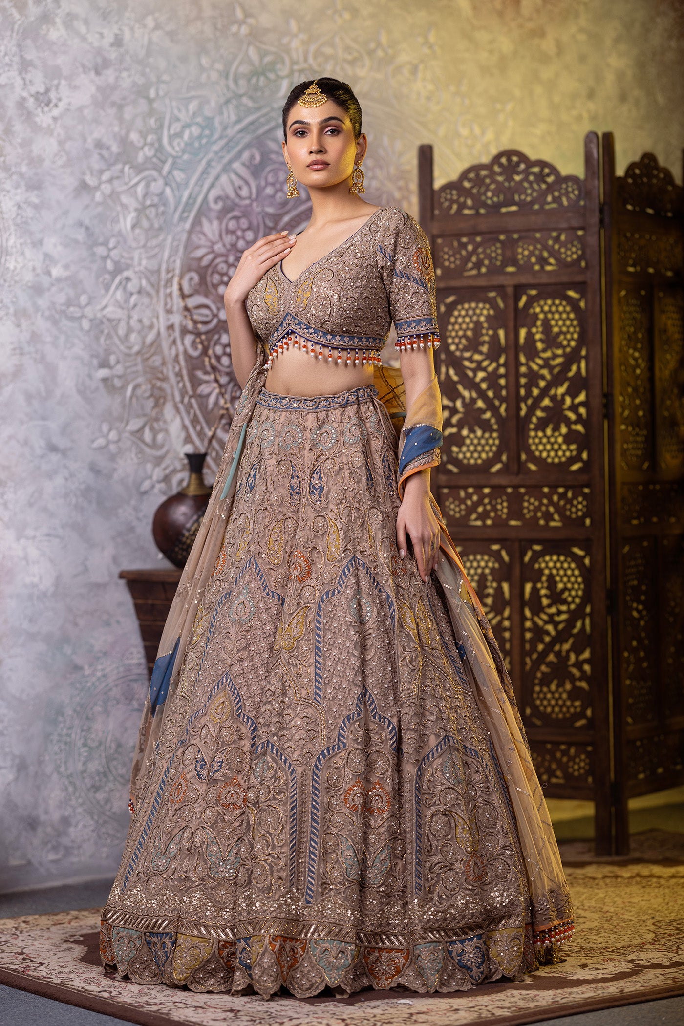 Grey dori work lehenga with dupatta