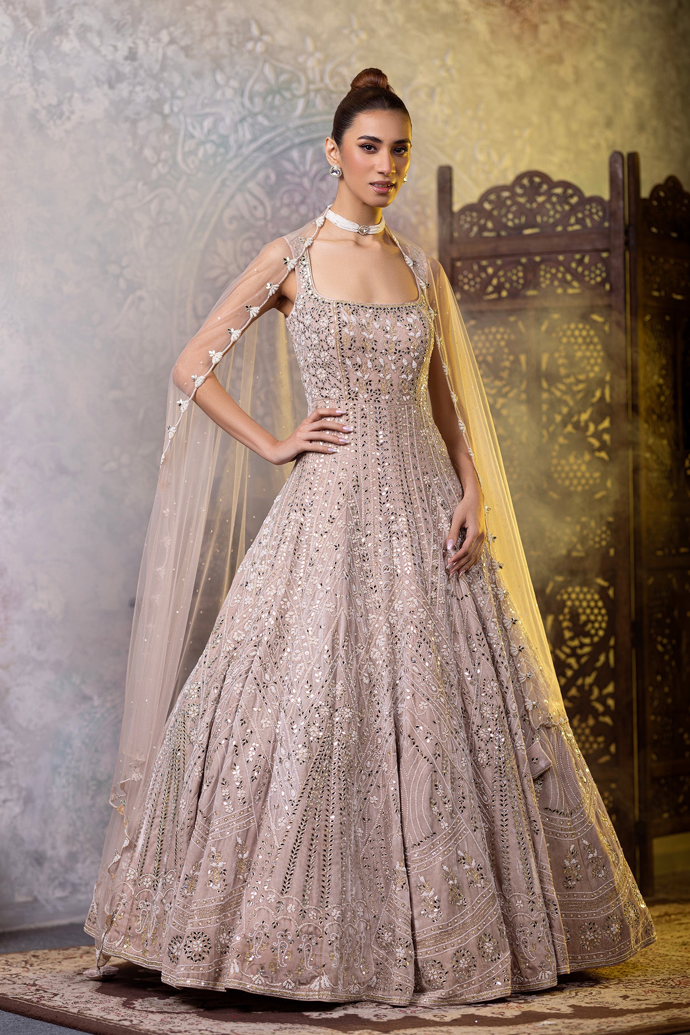 Velvet anarkali suit with dapka and pearl work