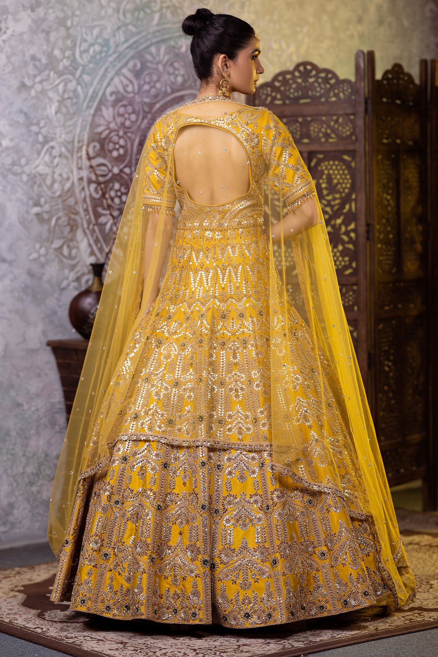 Mustard anarkali with sequins and crystal