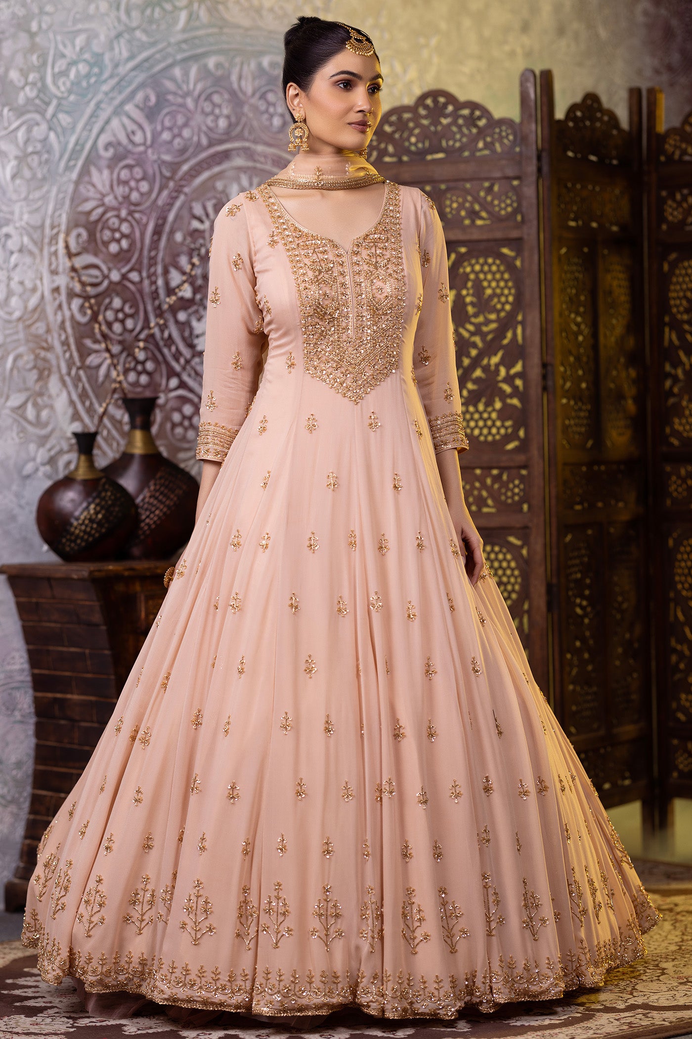 Peach gold anarkali suit with sequins