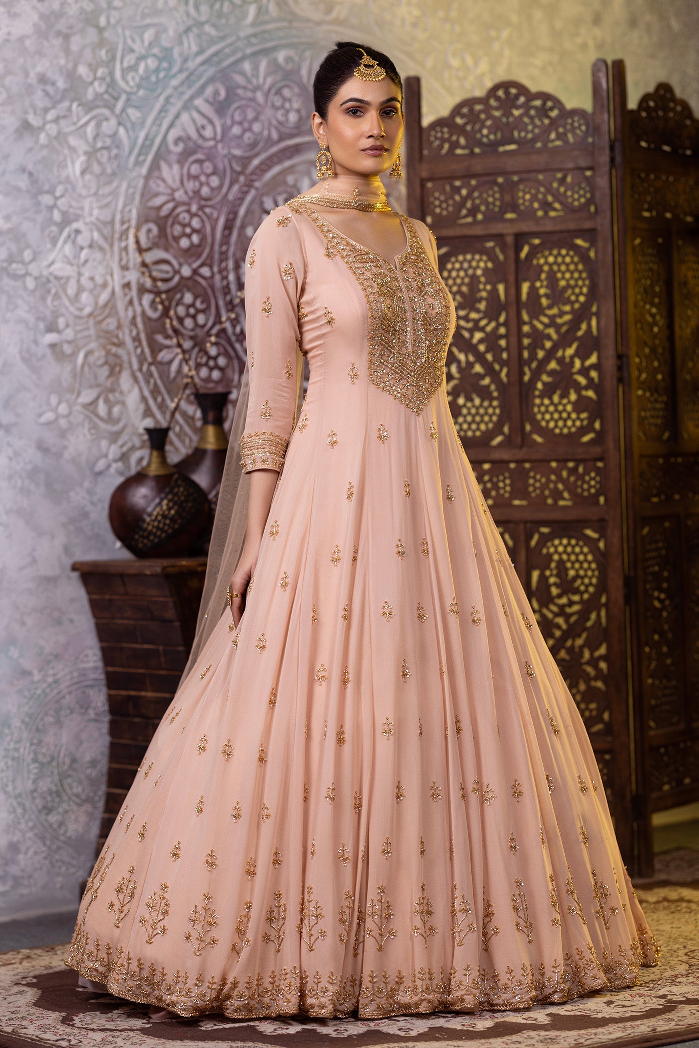 Peach gold anarkali suit with sequins