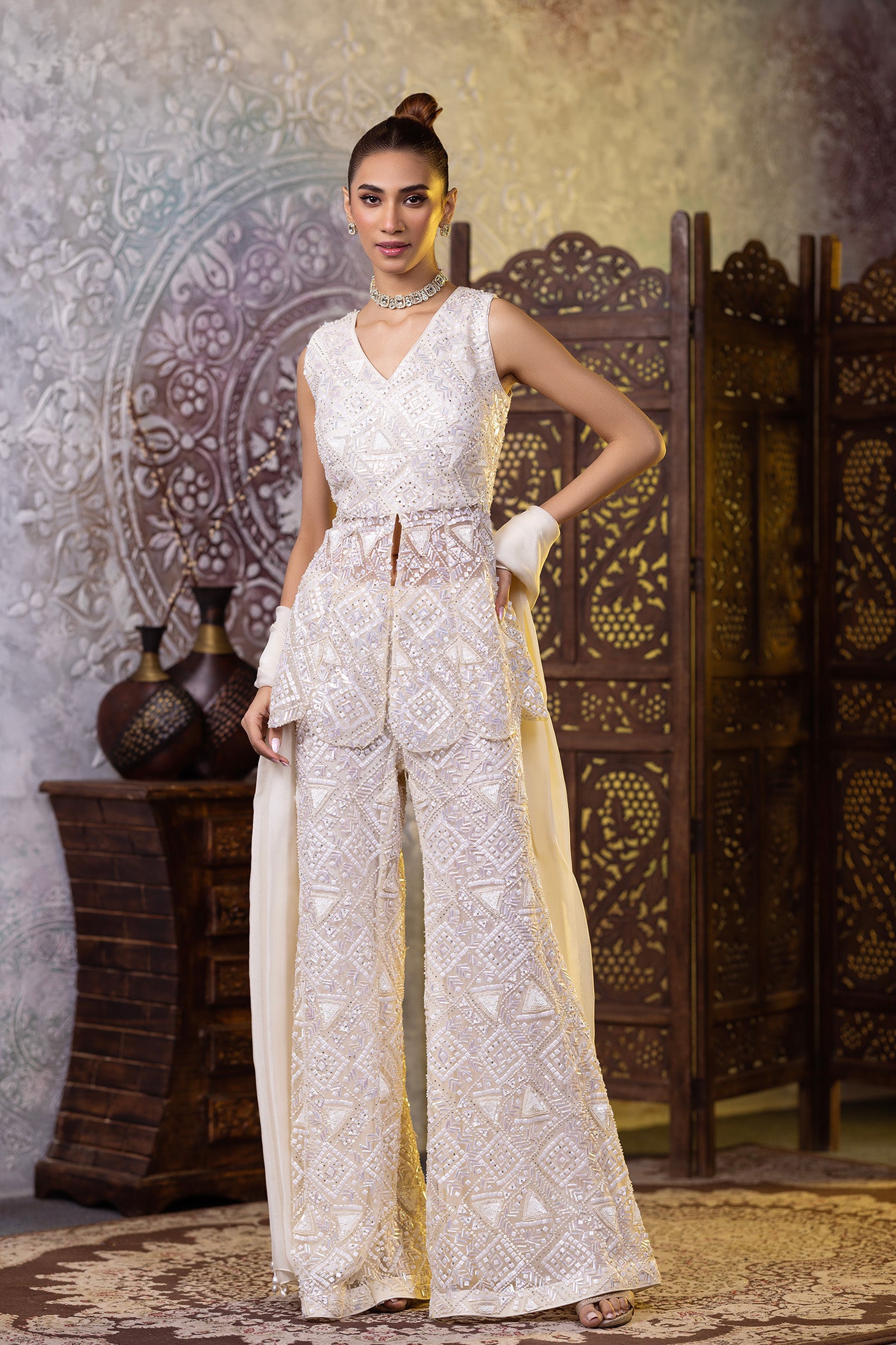 Ivory net sequined peplum with bellbottoms