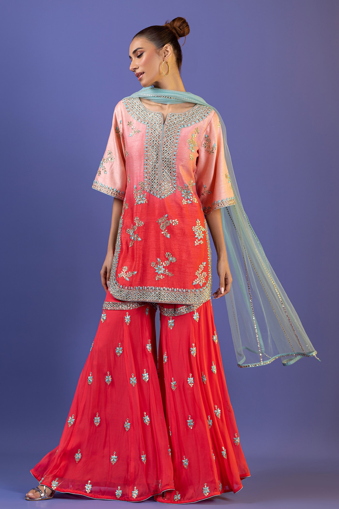 Raw Silk Gharara In Pink With Kundan And Dori Work