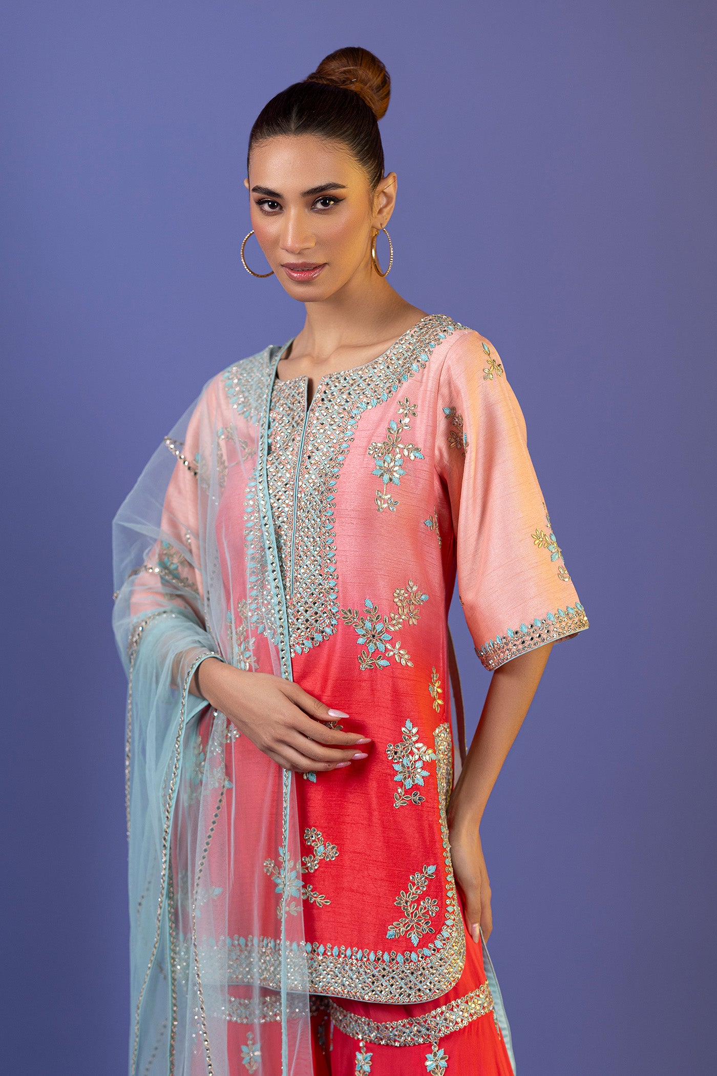 Raw Silk Gharara In Pink With Kundan And Dori Work