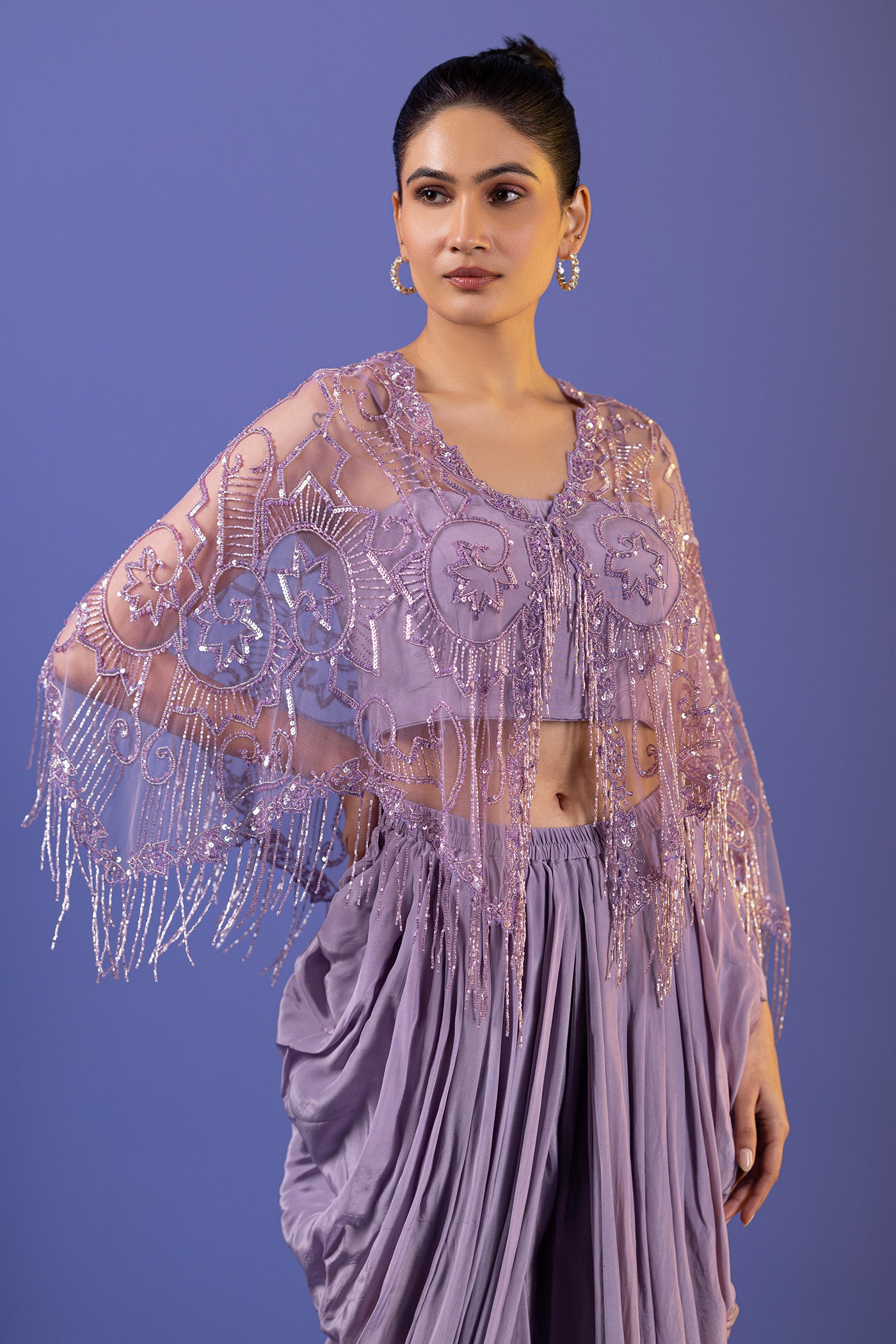 Crepe Bustier With Poncho And Dhoti