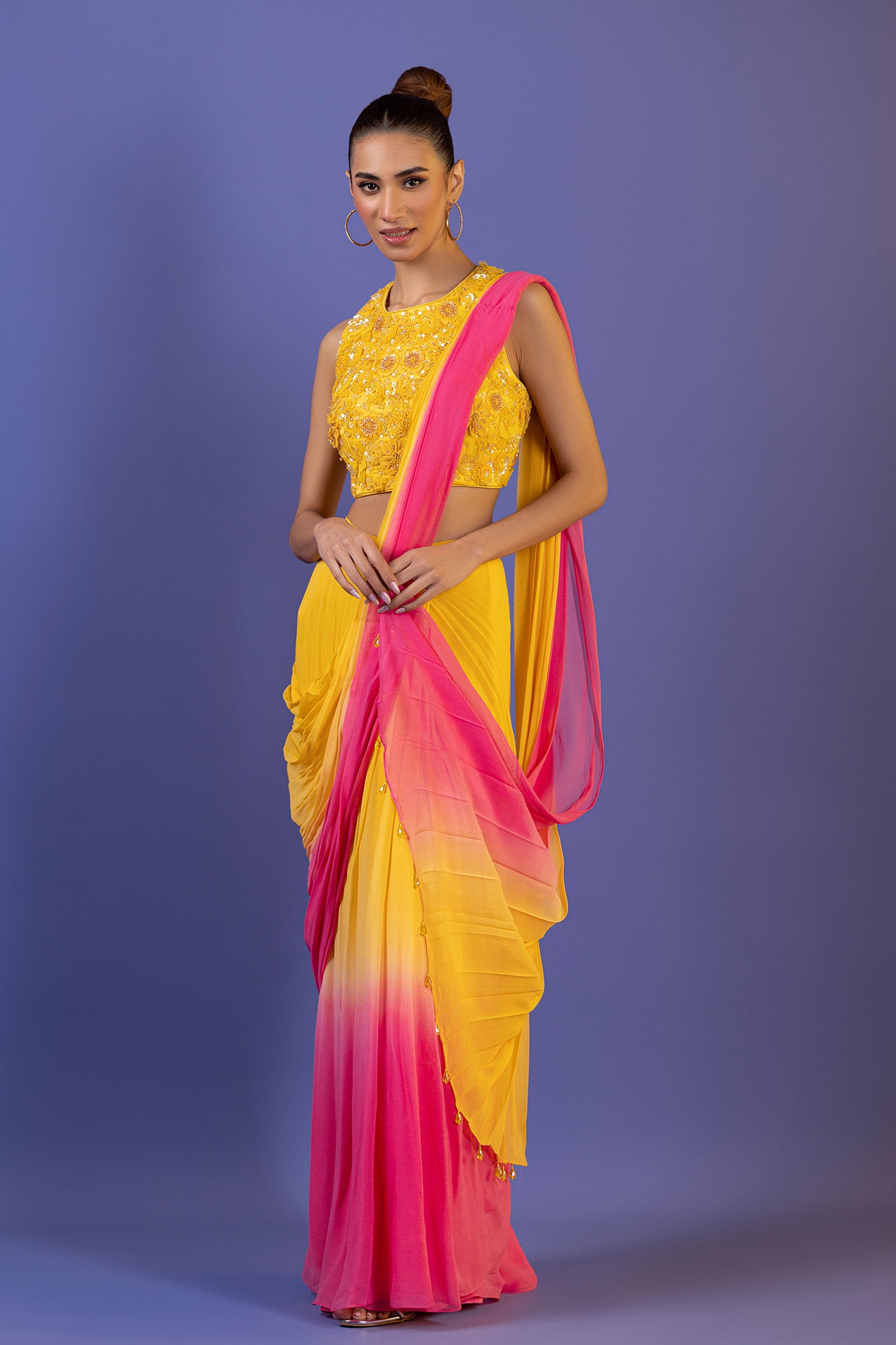 Pink Georgette Drape Saree With Cutdana And Pearl