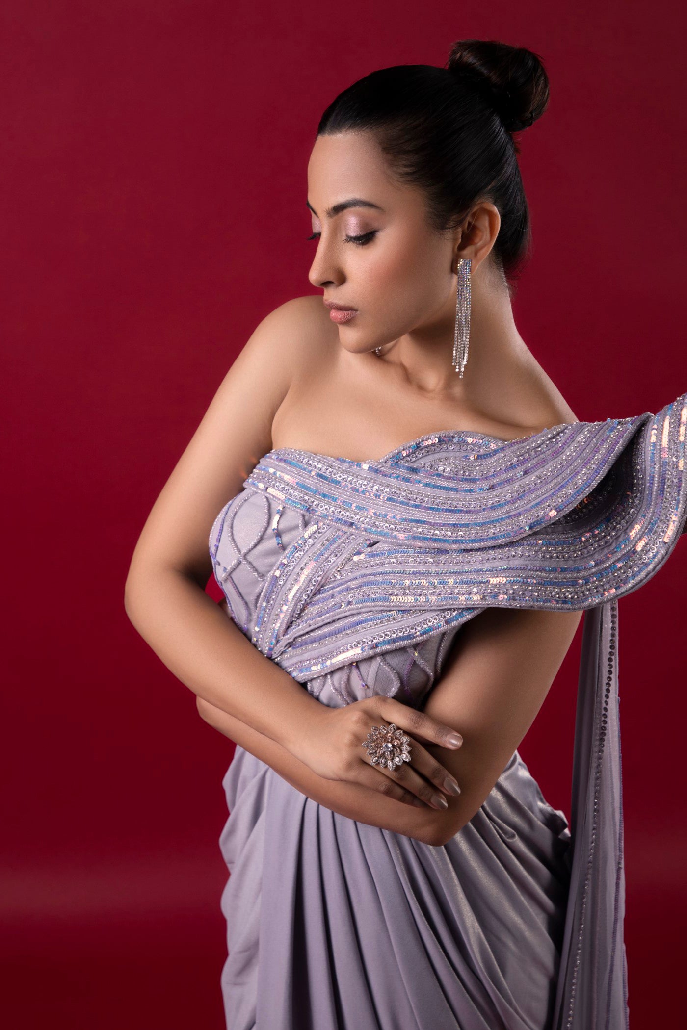 Grey Drape Saree With Cutdana And Sequins