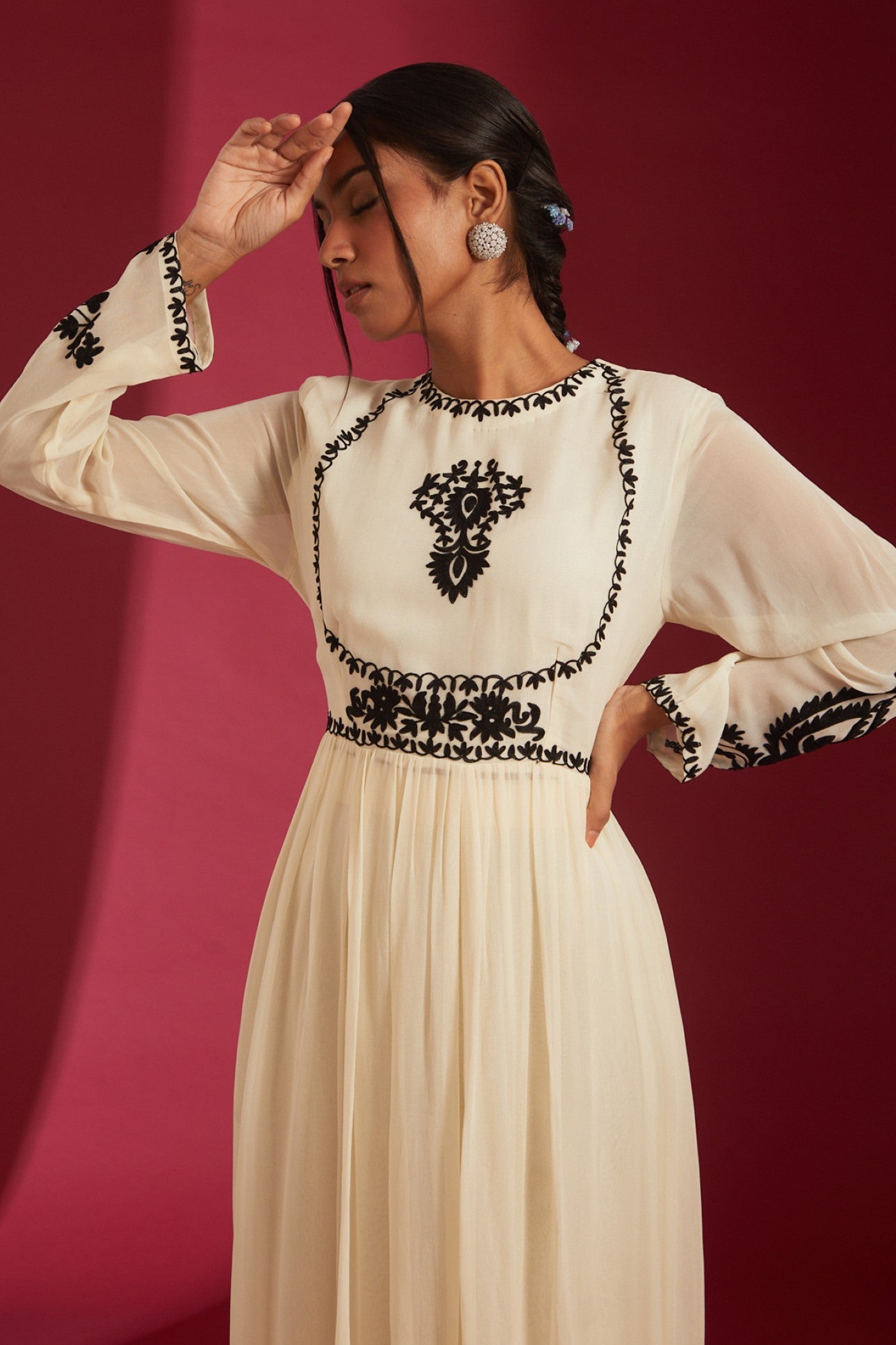 Ivory with Black aari Embroidered Georgette Co-Ord Set