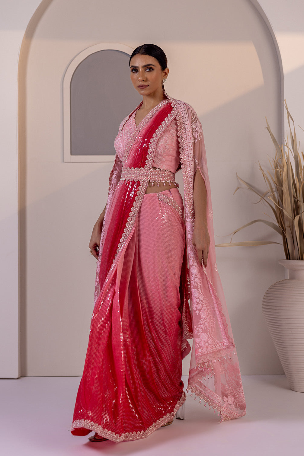 Meheroon Coral Silk Drape Ensemble