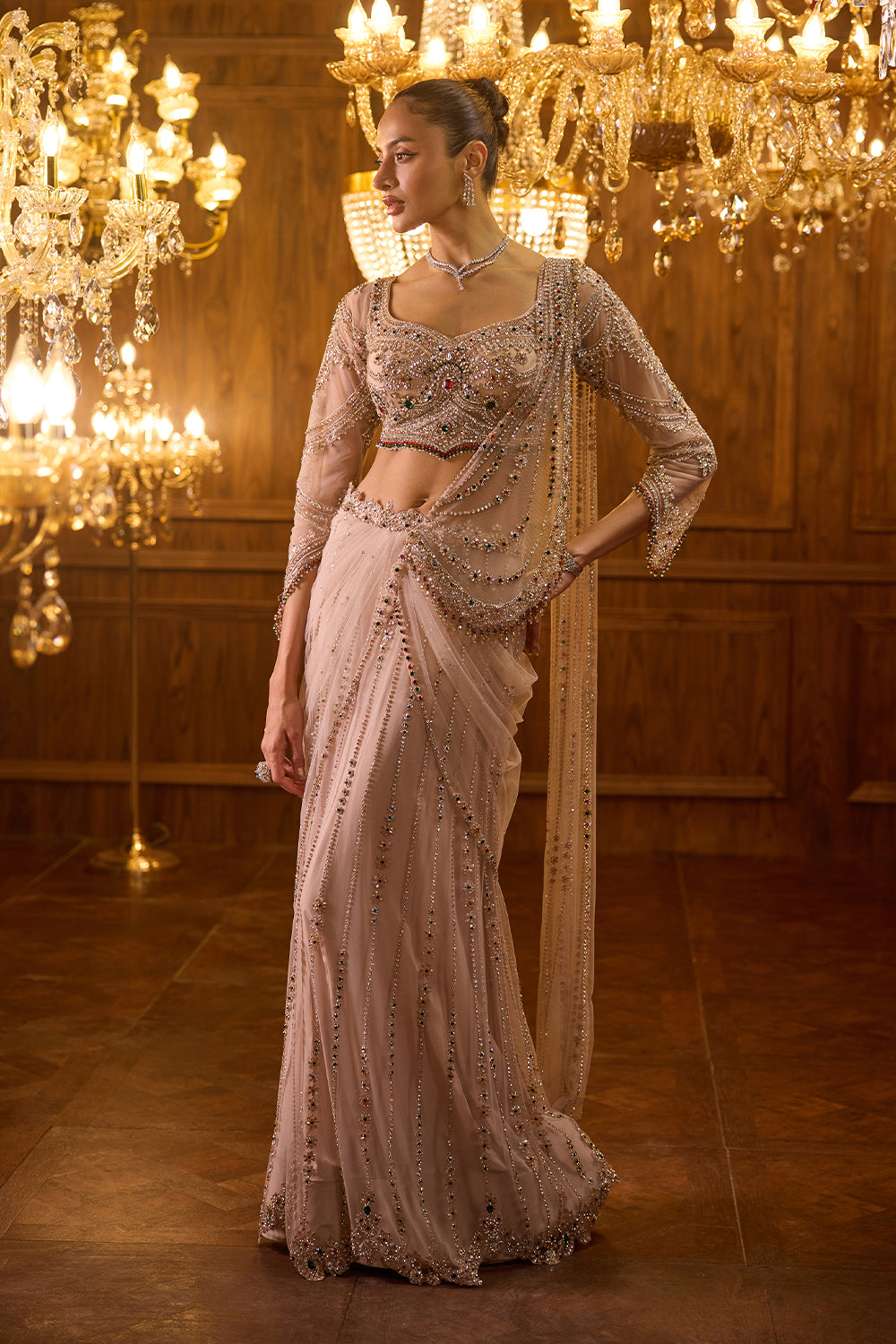Husna Beige Draped Skirt Saree
