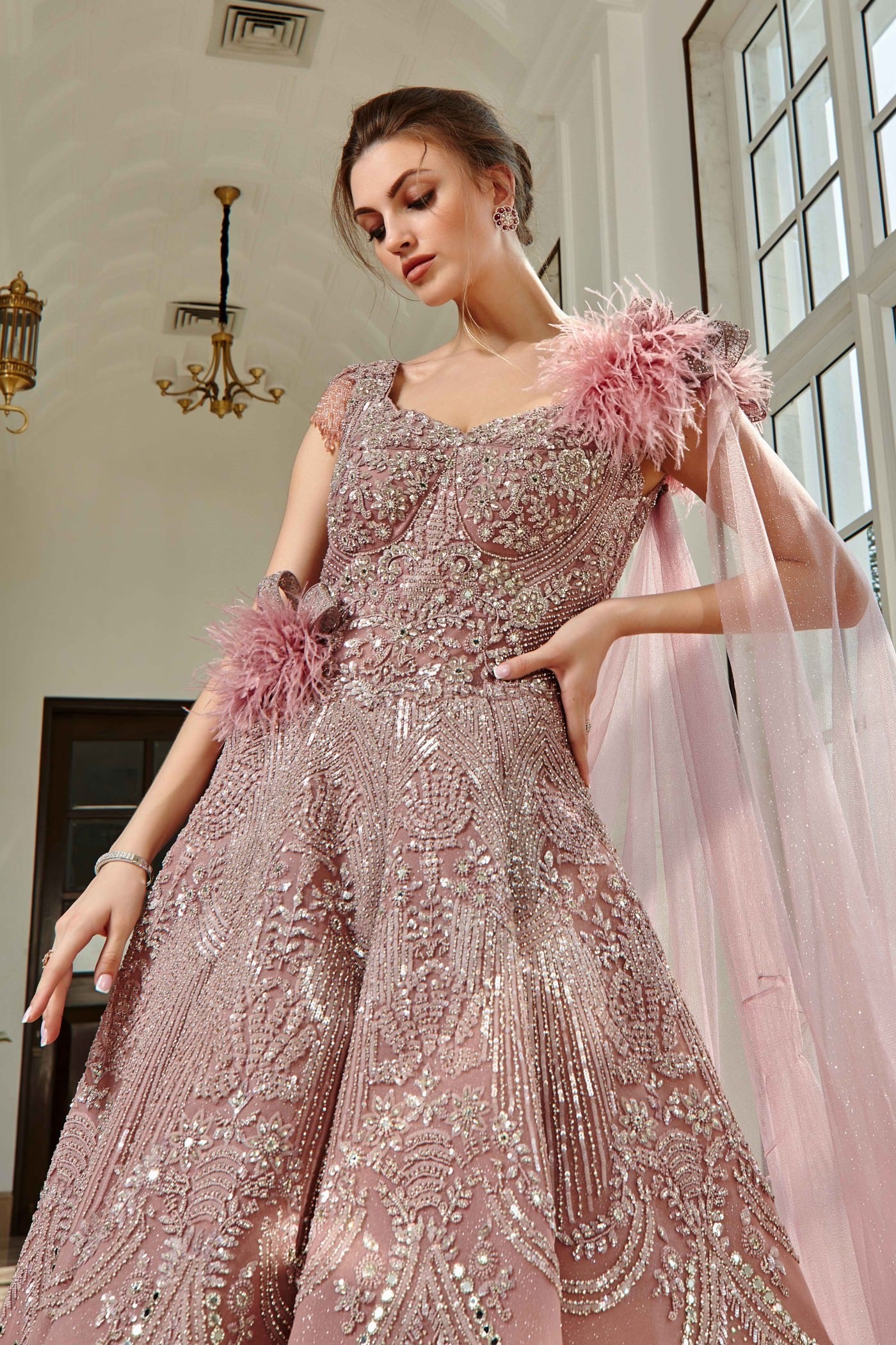 Lavender Feather Gown With Detachable Trail