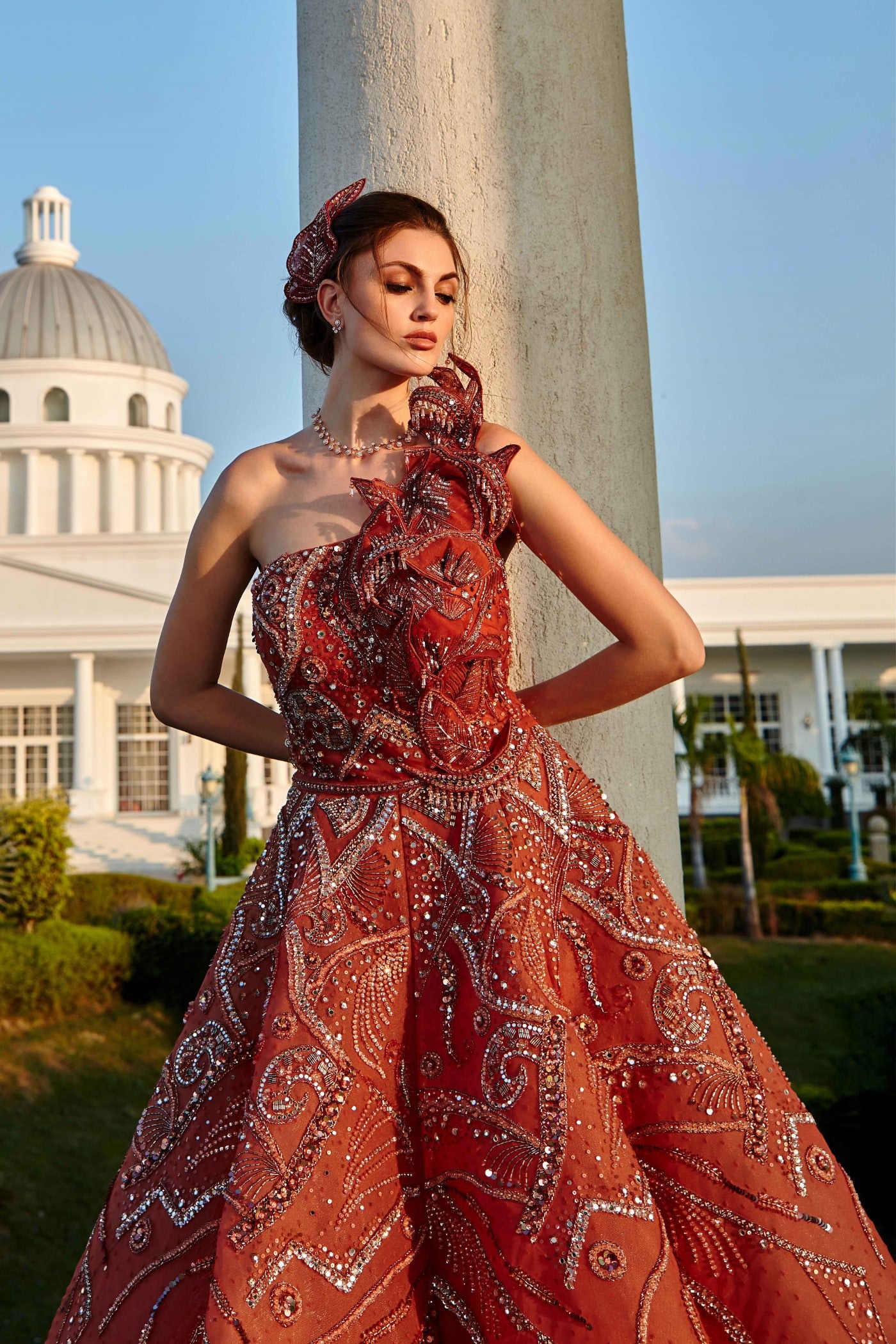 Savana Feather One-Shoulder Embroidered Gown