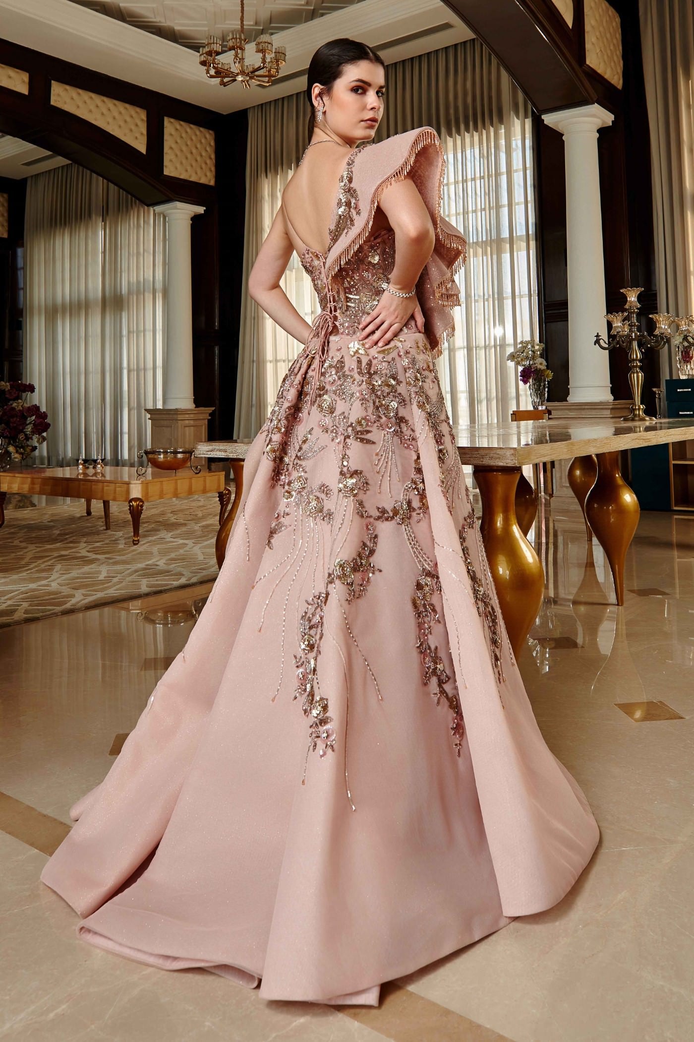 Charlote Peach Glided Embroidered  Gown