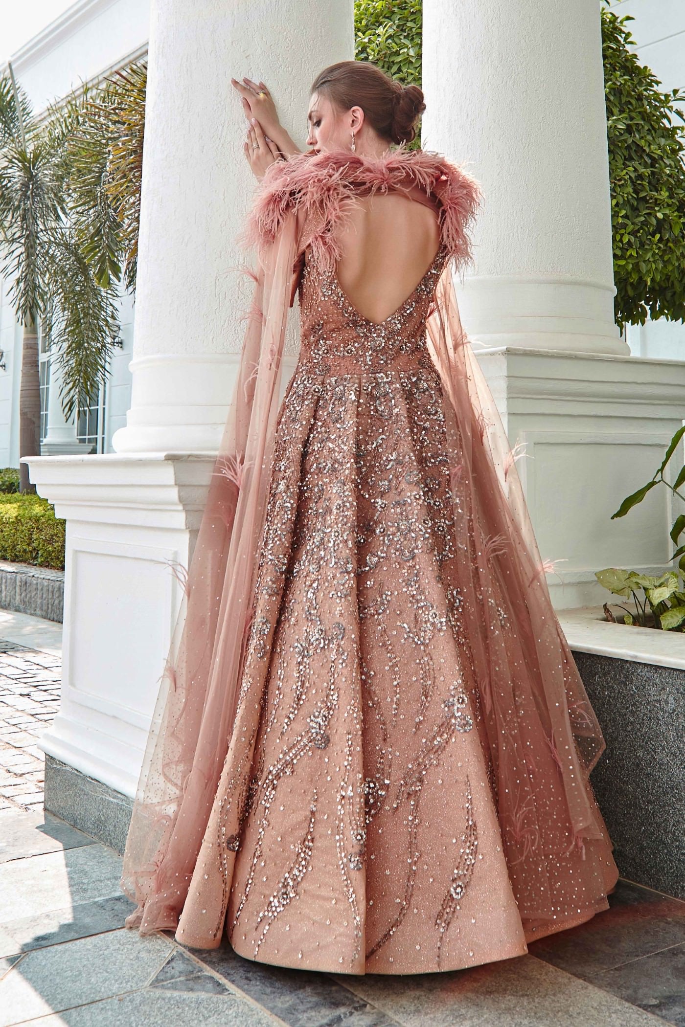 Peach Faux Feathers Cocktail Swarovski Work Lehenga SFIN99022 –  ShreeFashionWear