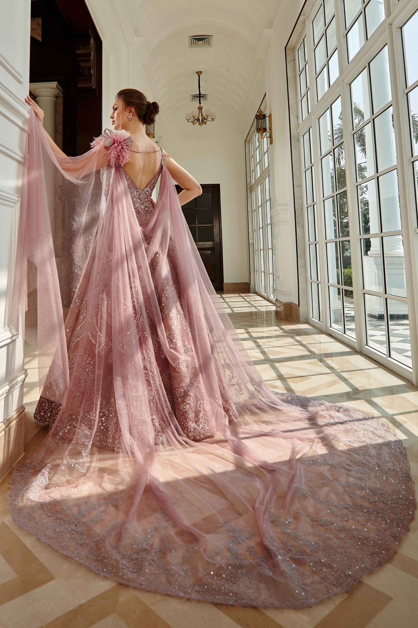 Lavender Feather Gown With Detachable Trail