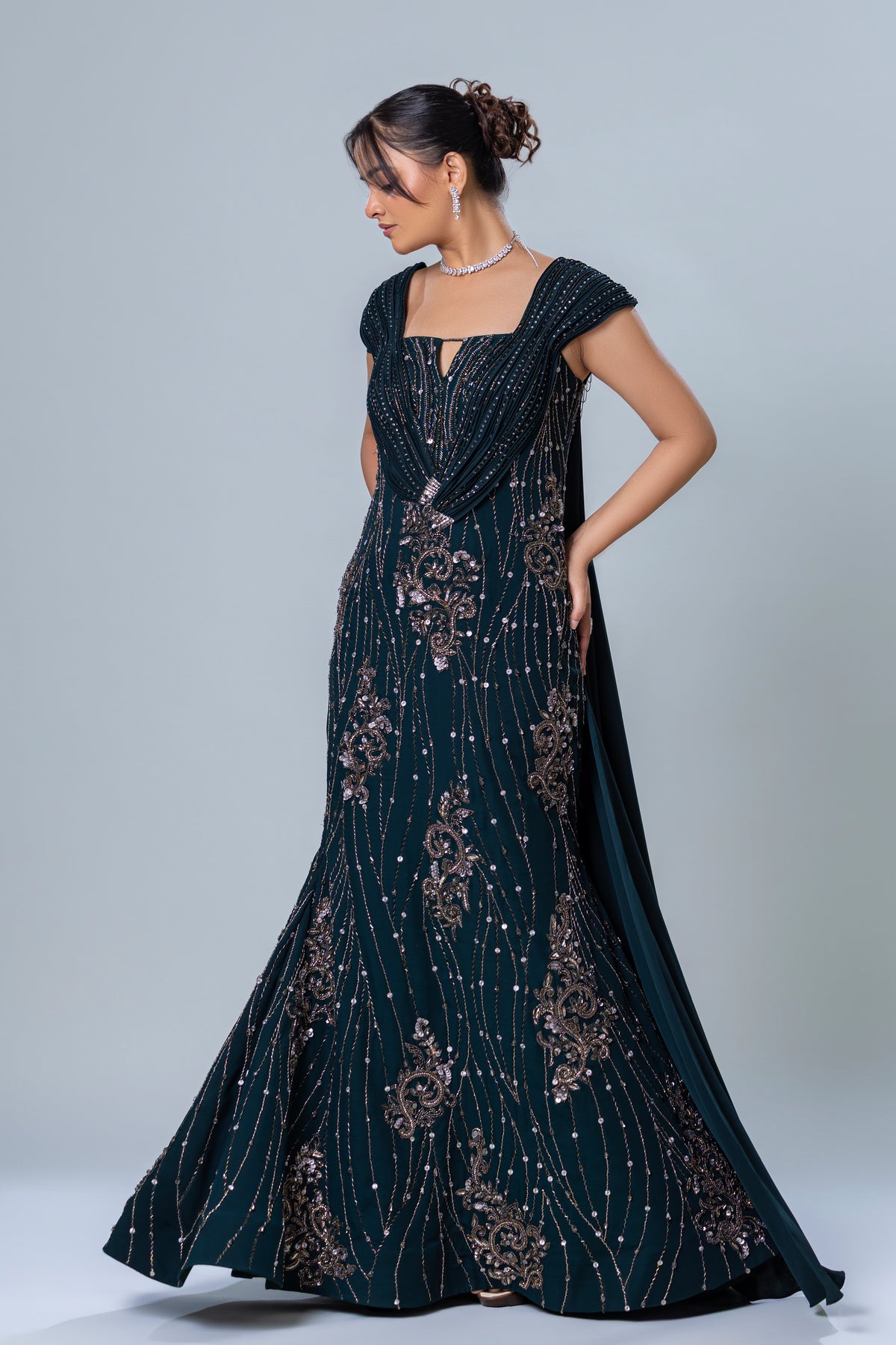 Gown with attached cape