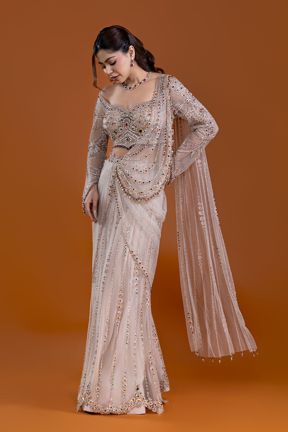 Husna Beige Draped Skirt Saree
