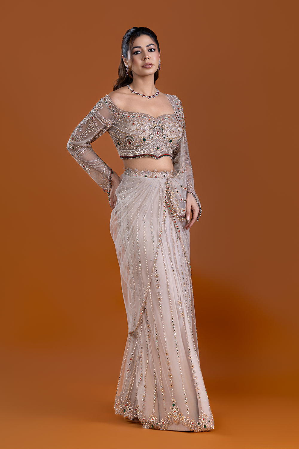 Husna Beige Draped Skirt Saree