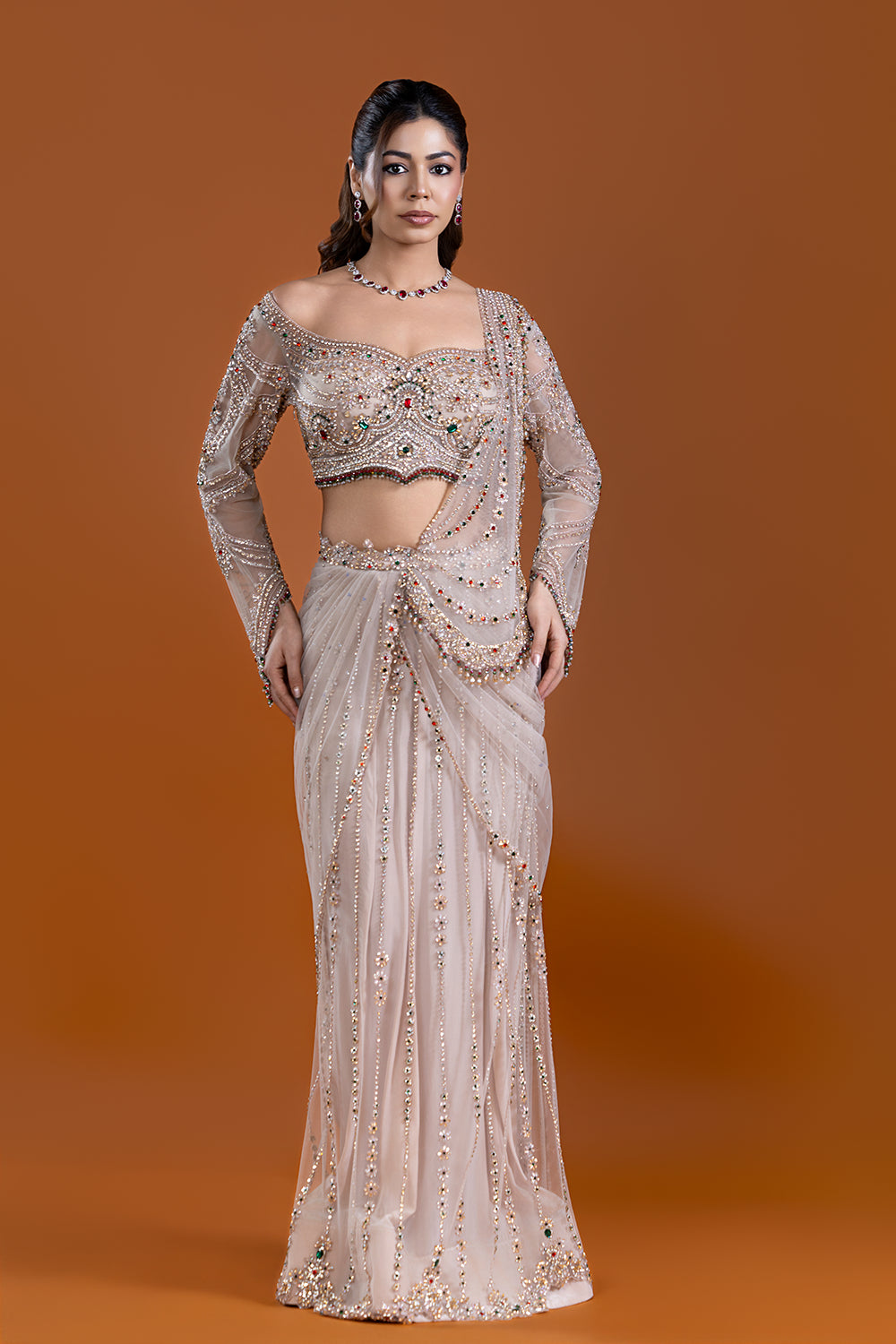 Husna Beige Draped Skirt Saree