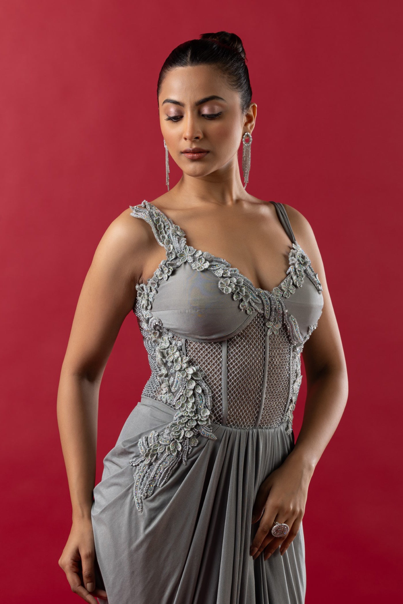Grey Lycra Drape Saree With Resham Cutdana Work