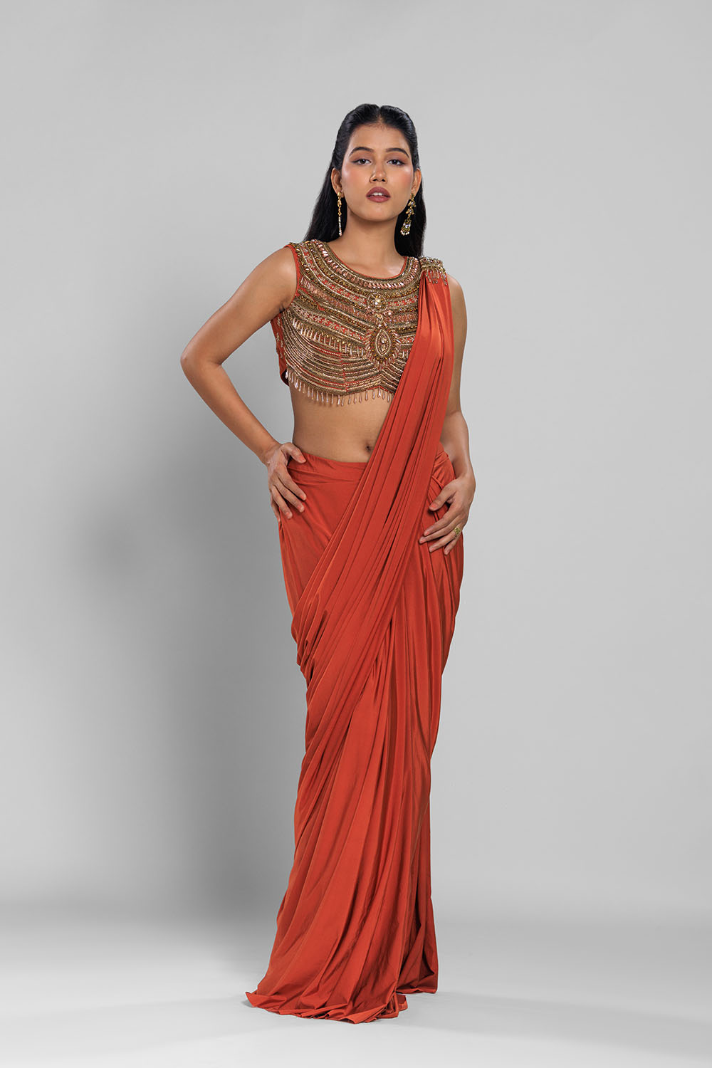 Ruhani Rust Drape Saree