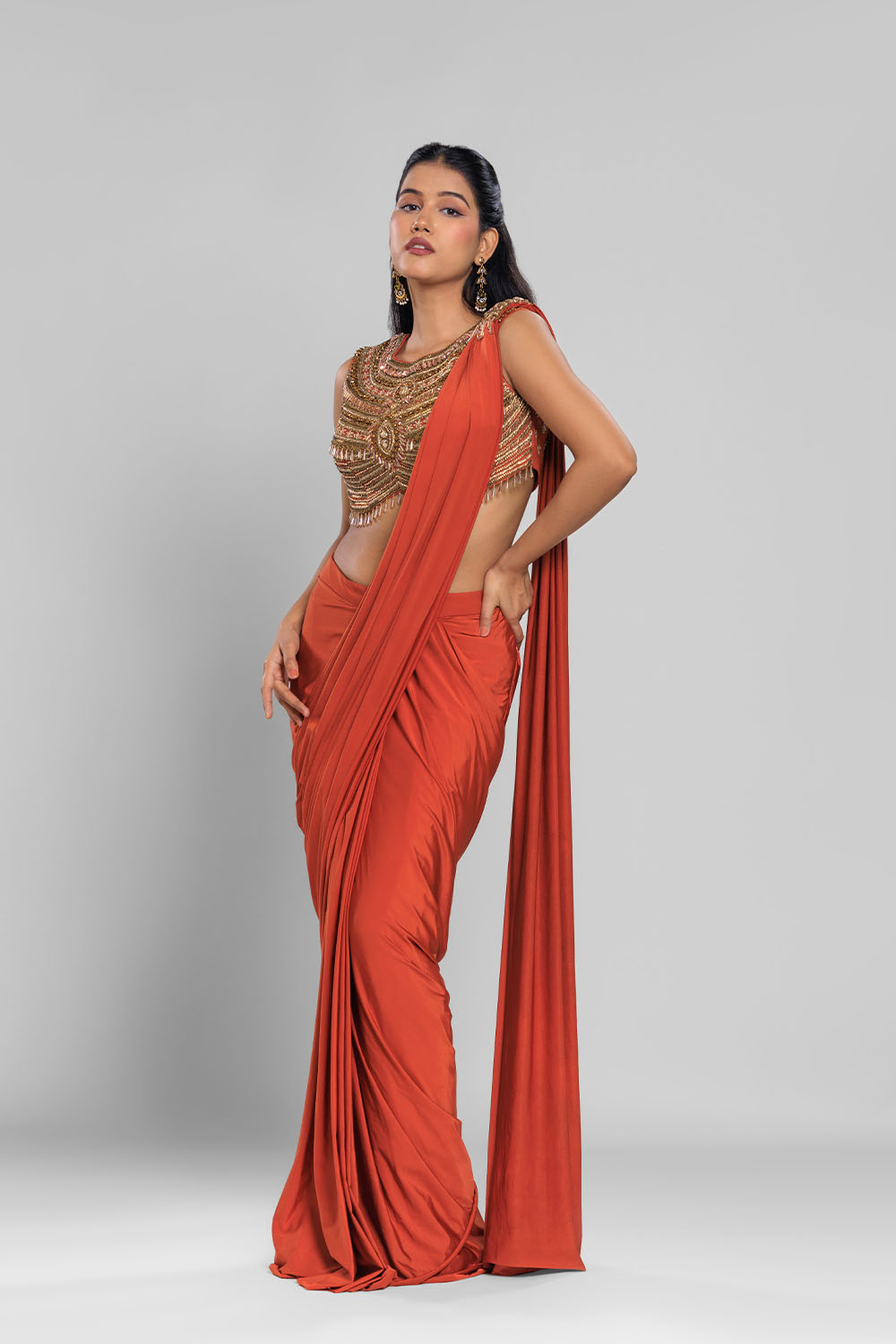 Ruhani Rust Drape Saree