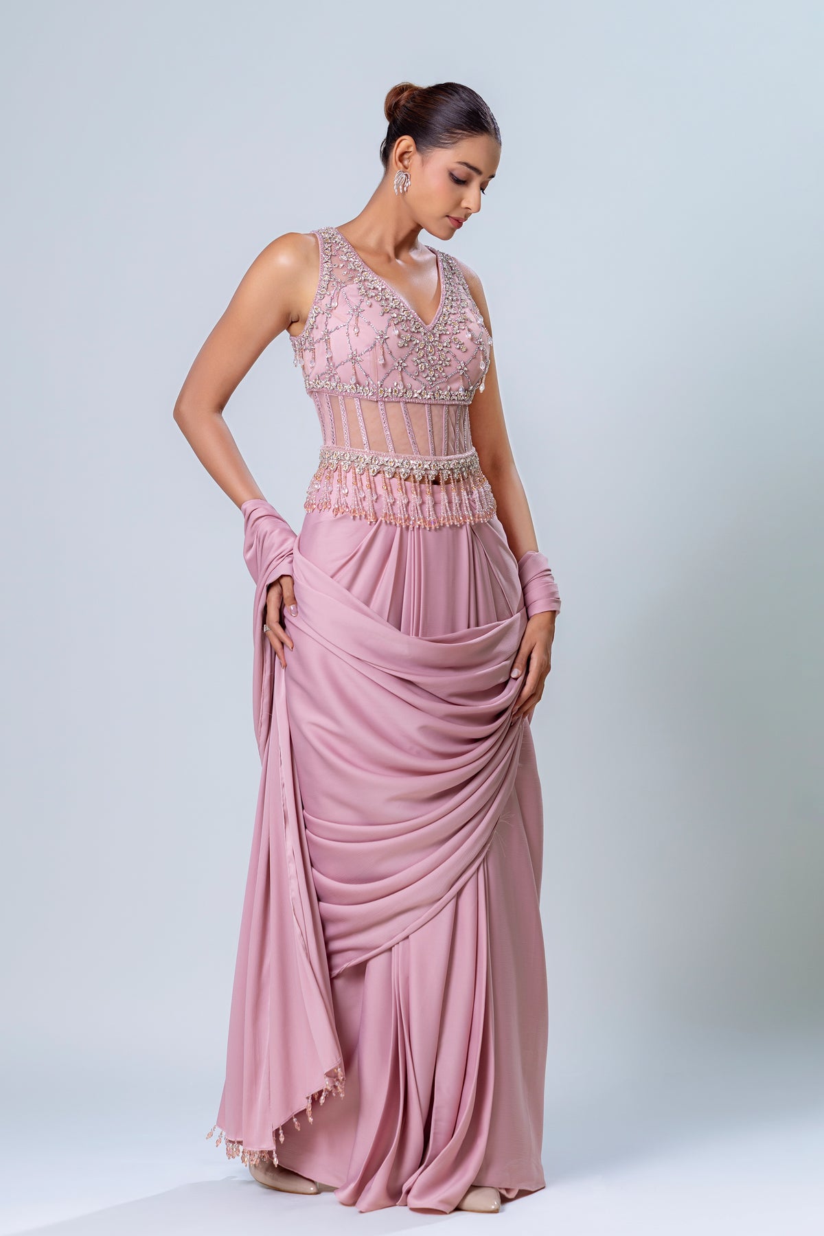 Rhea Blush Berry Corset Drape Saree