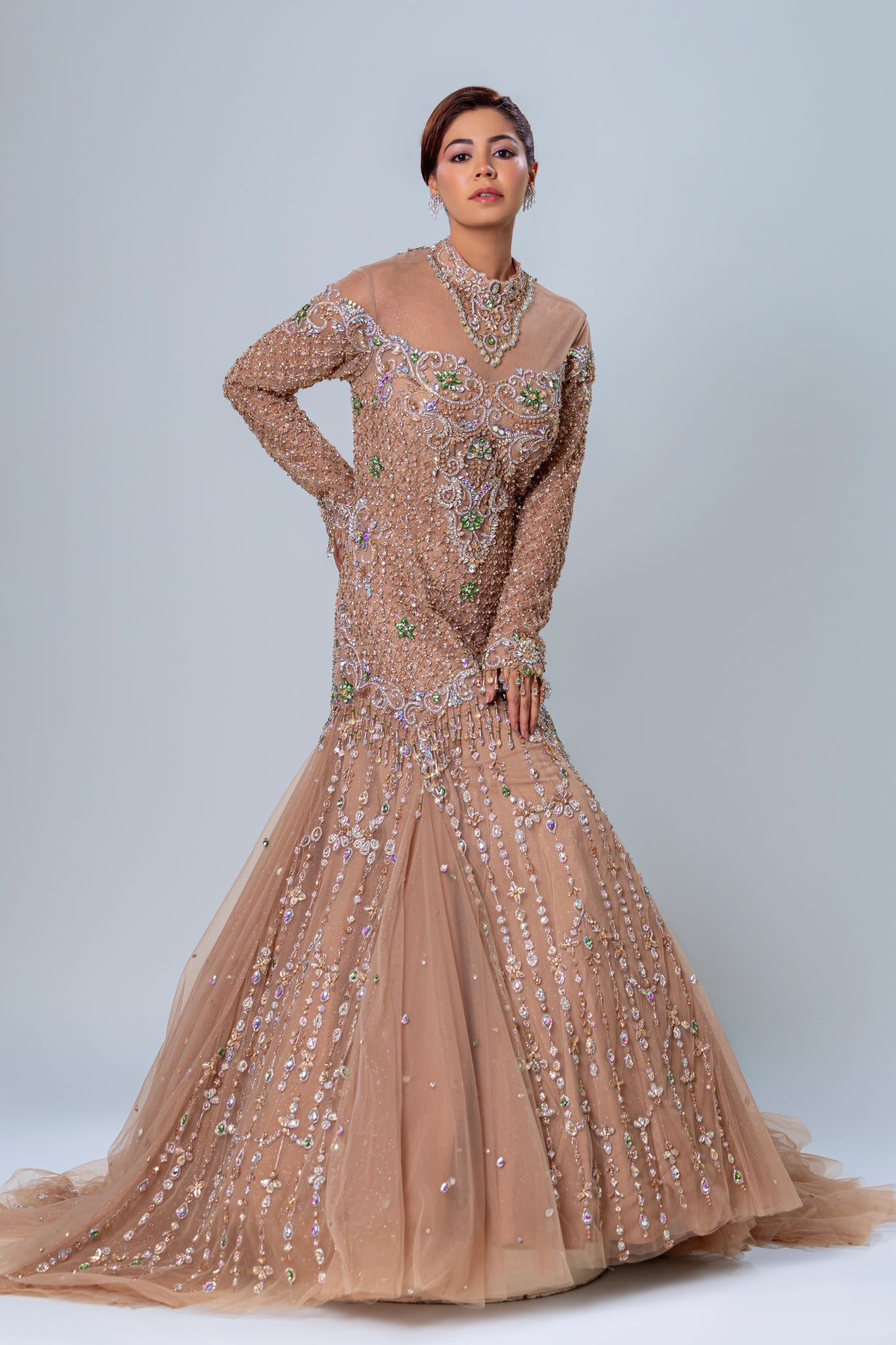 Celeste Champagne Godet Fishcut Gown