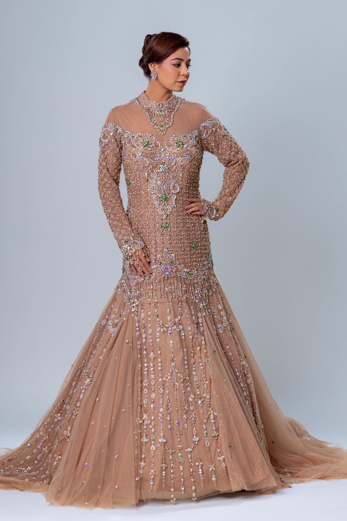Celeste Champagne Godet Fishcut Gown