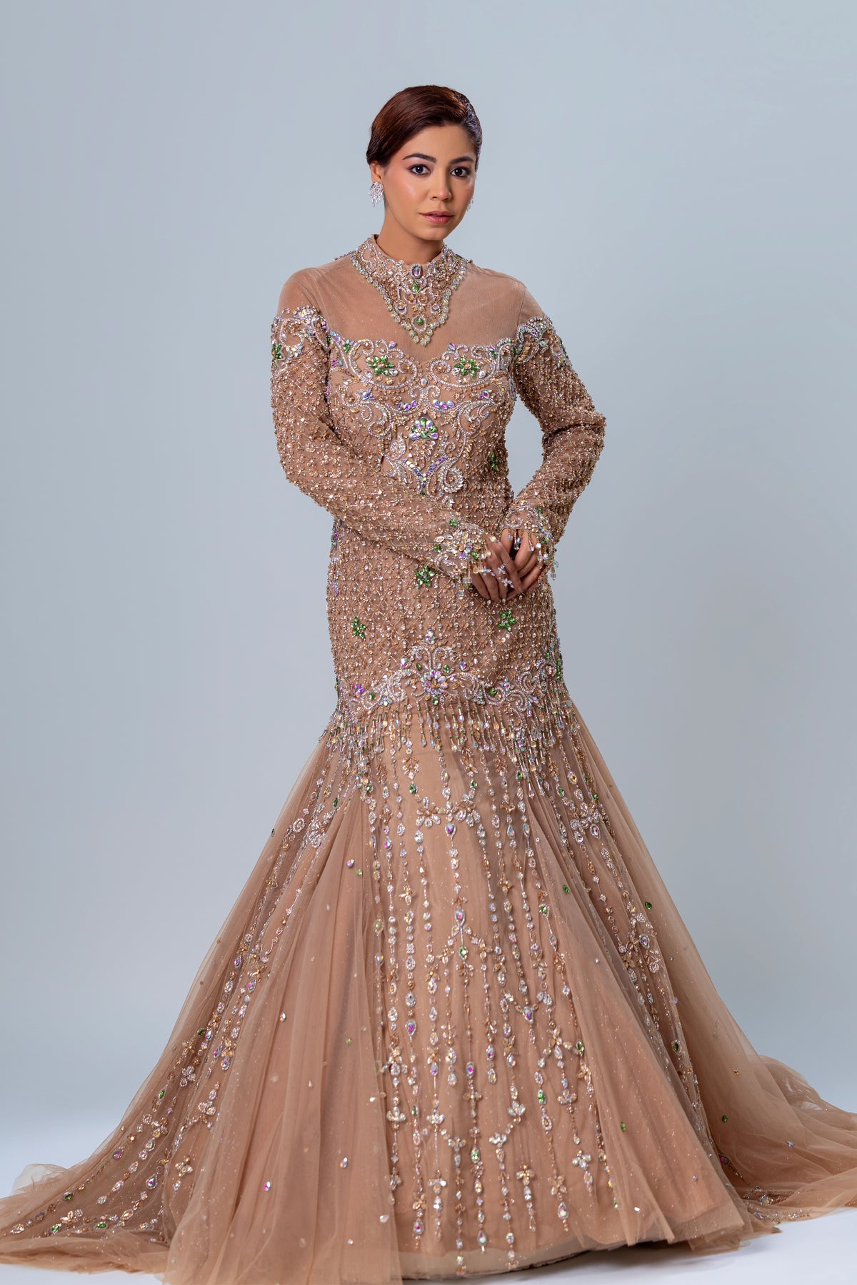 Celeste Champagne Godet Fishcut Gown