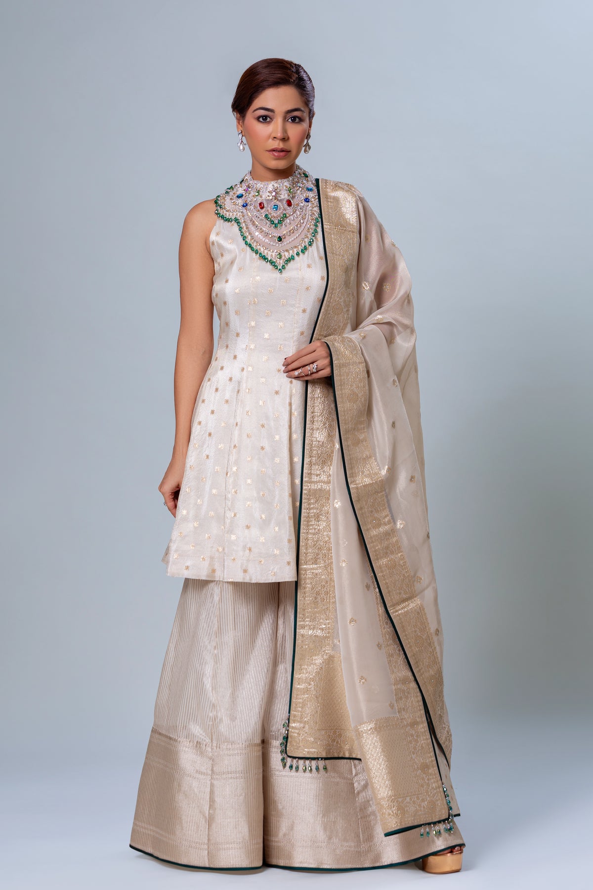 Diya Ivory Tissue Palazzo Suit, Roop Vatika by Raj Arora
