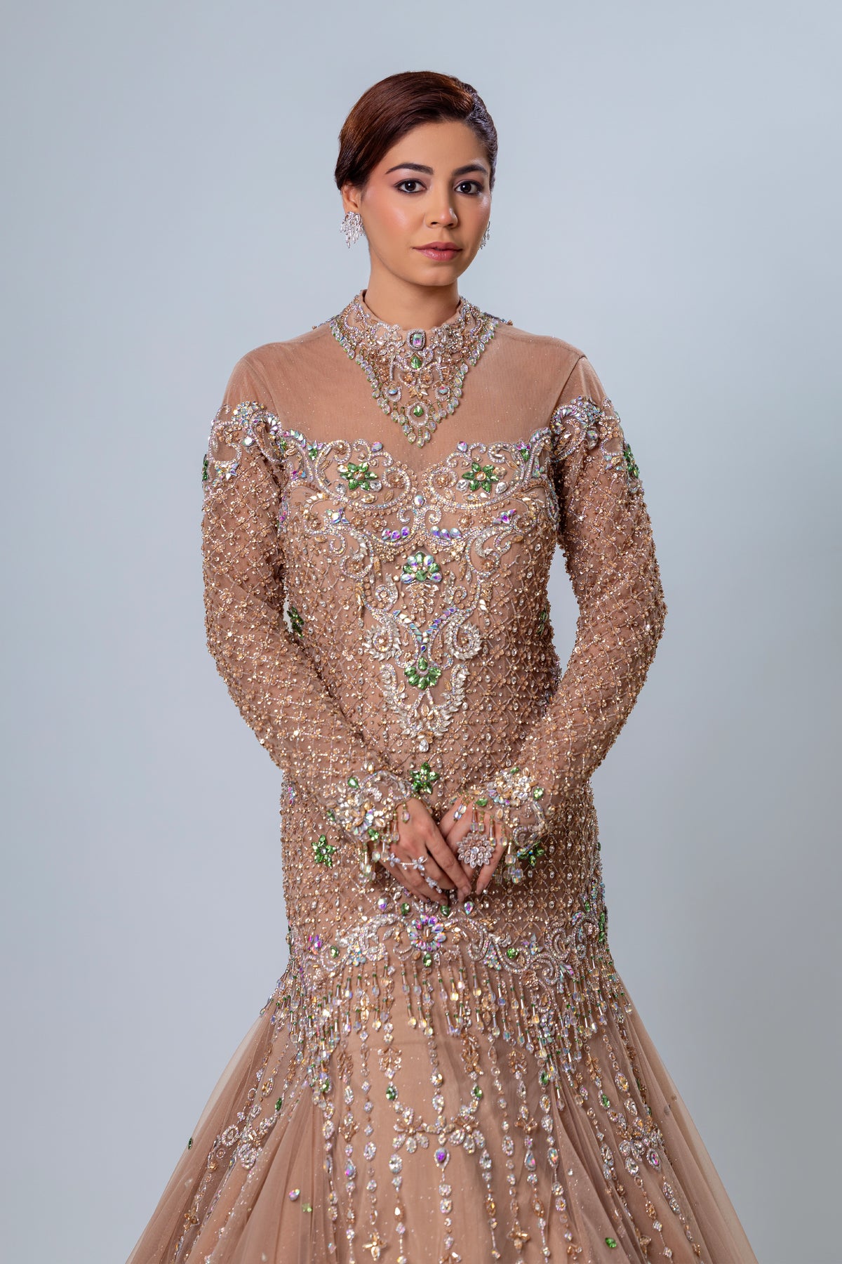 Celeste Champagne Godet Fishcut Gown