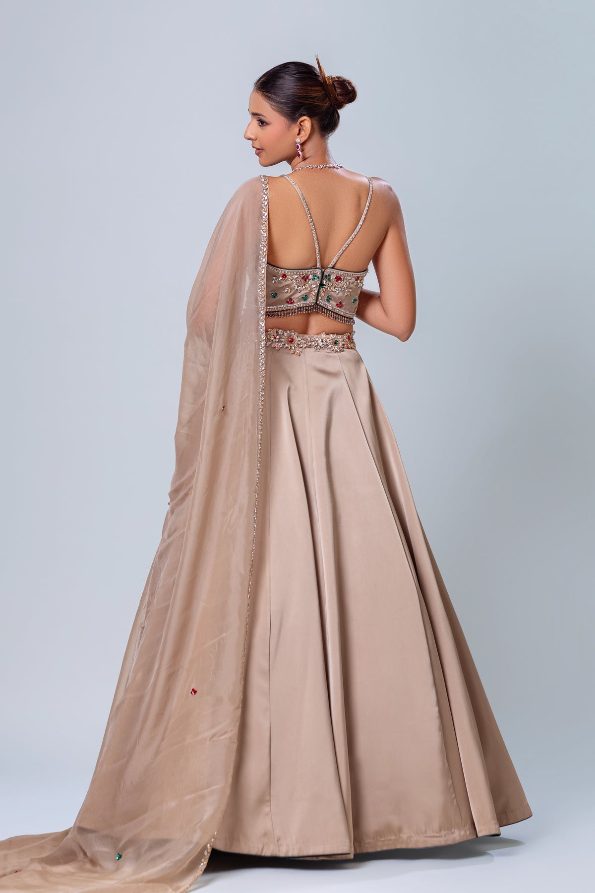 Mehar Beige Spaghetti Strap Crop Top Skirt Set