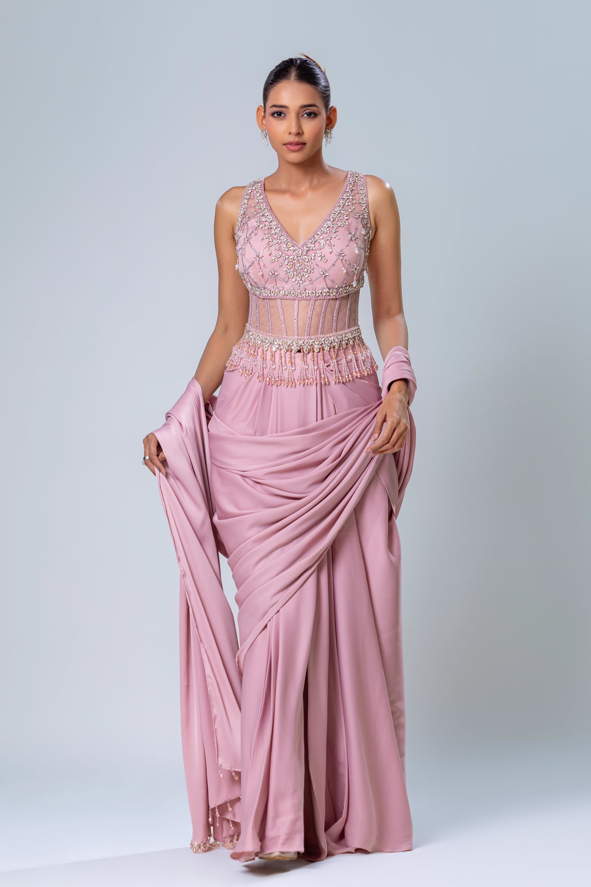 Rhea Blush Berry Corset Drape Saree