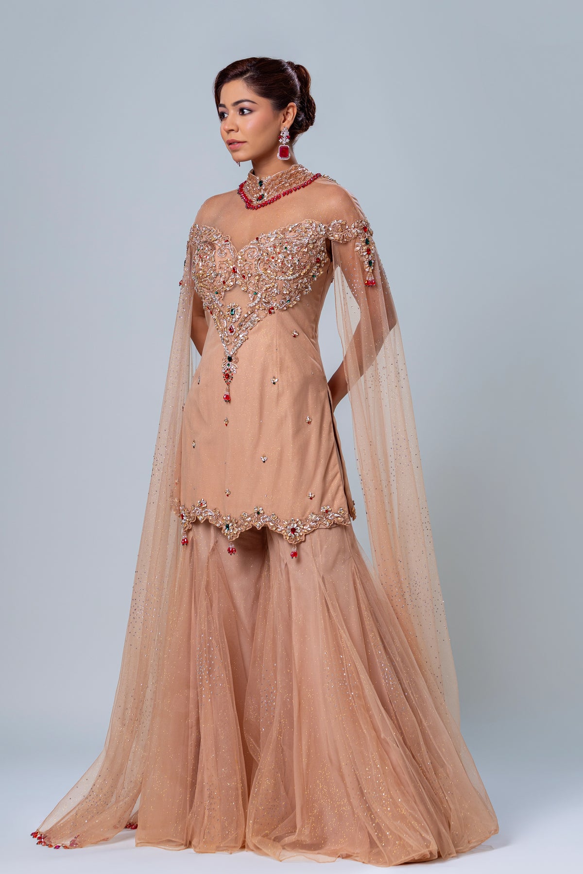 Saya Beige Falling-Sleeve Gharara Set