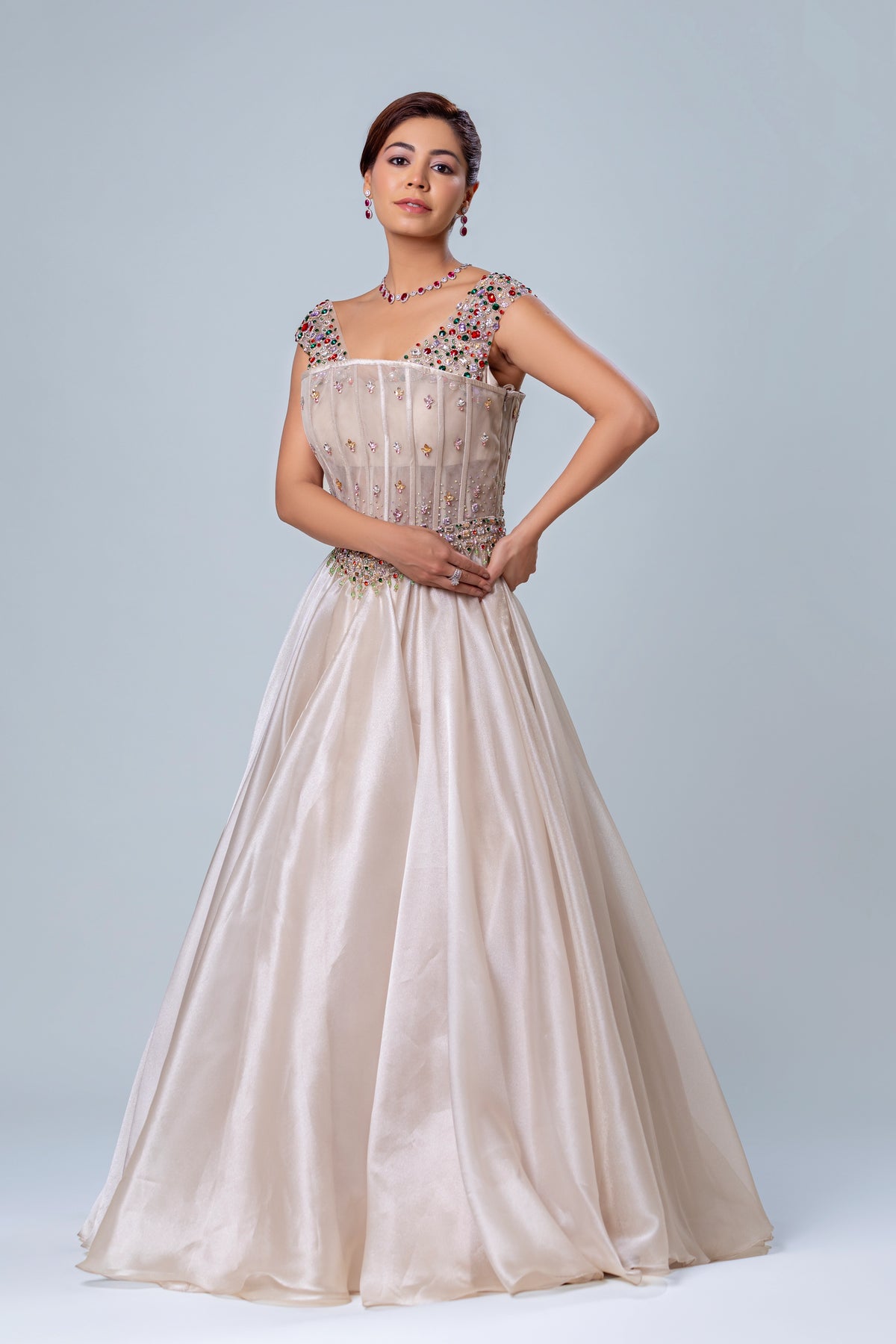 Kyra Sea Foam Belted Corset Gown