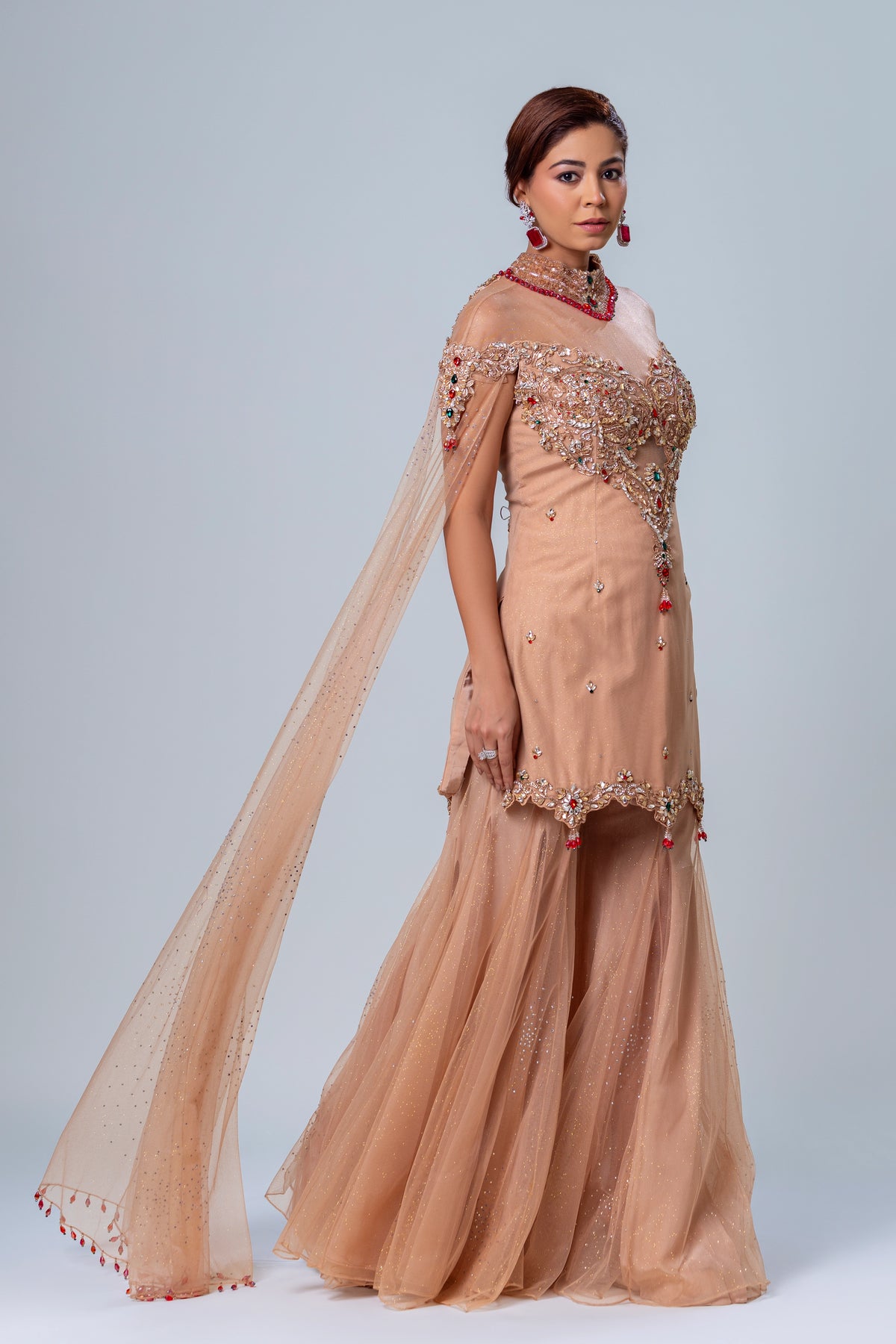 Saya Beige Falling-Sleeve Gharara Set