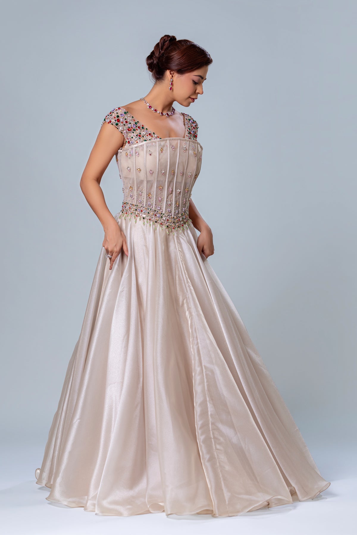 Kyra Sea Foam Belted Corset Gown