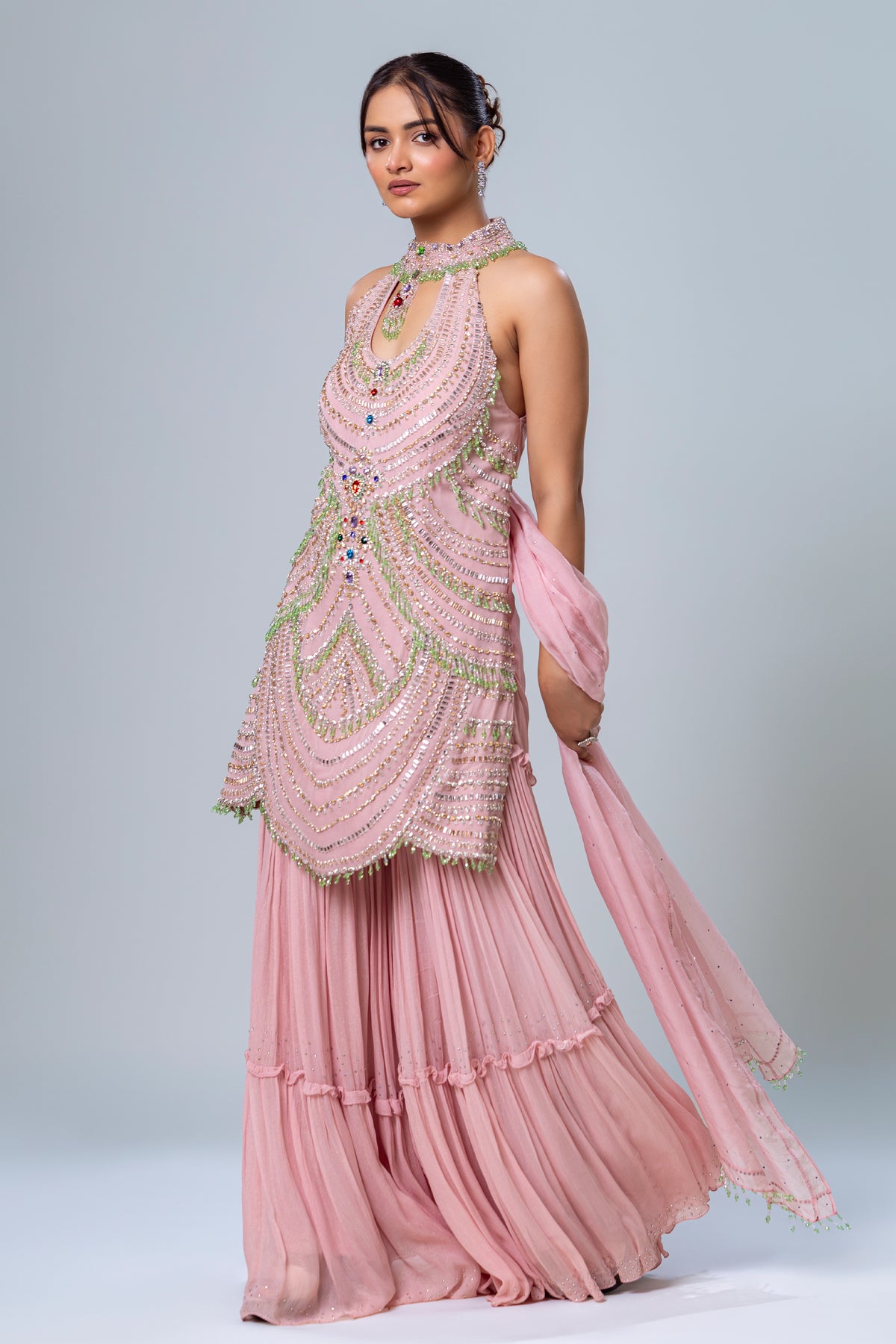 Zariya Blush Berry Halter Sharara Set