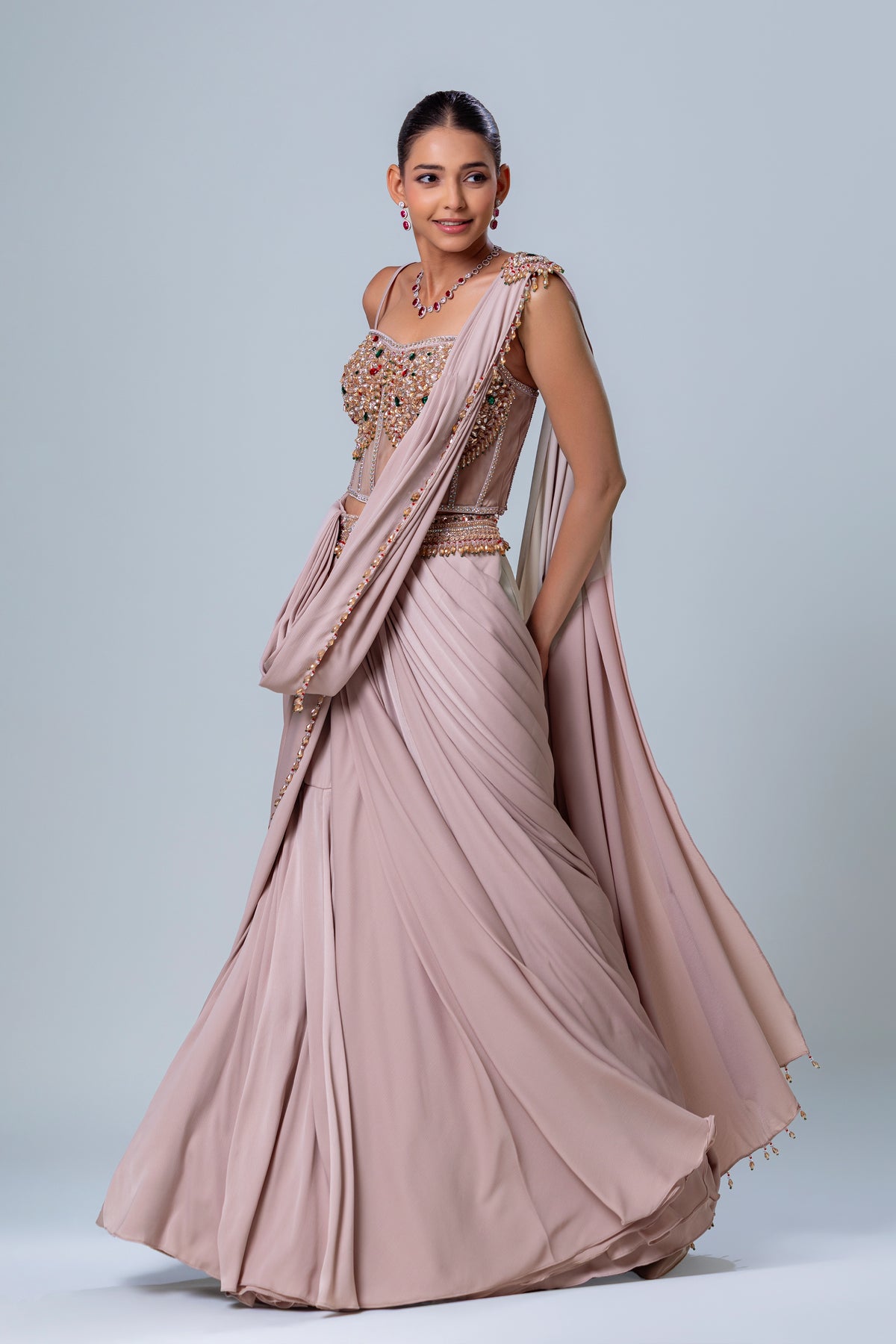 Shanaya Beige Corset Drape Saree