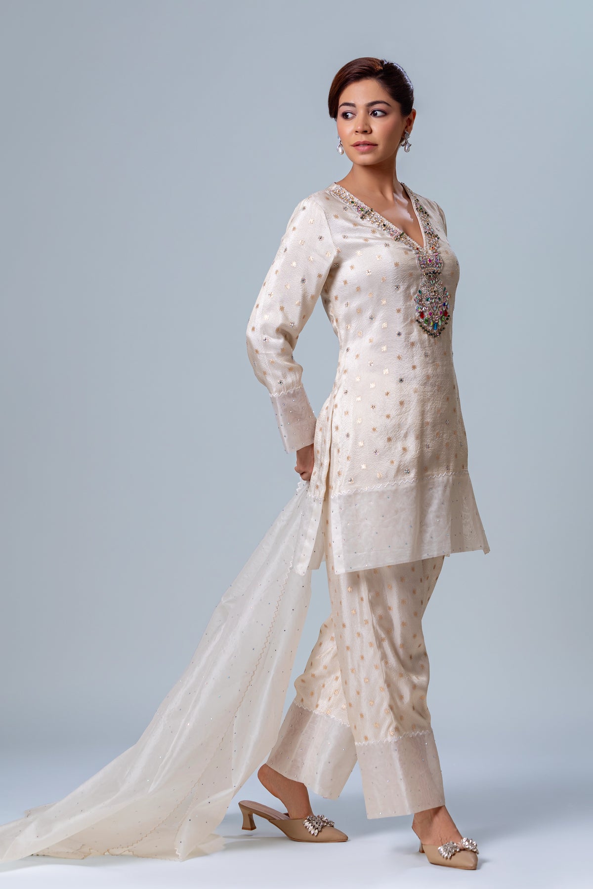 Isha Ivory Tissue Straight Pant Suit, Roop Vatika by Raj Arora