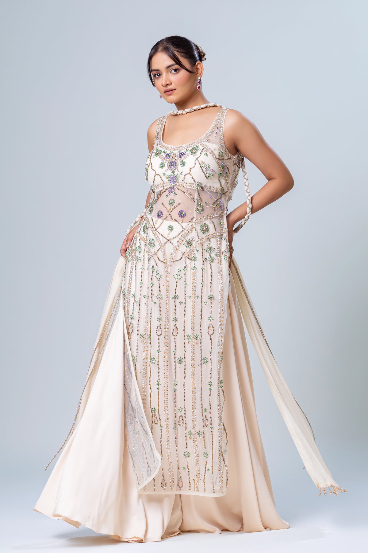 Sitara Ivory Long Sheer Sharara Set