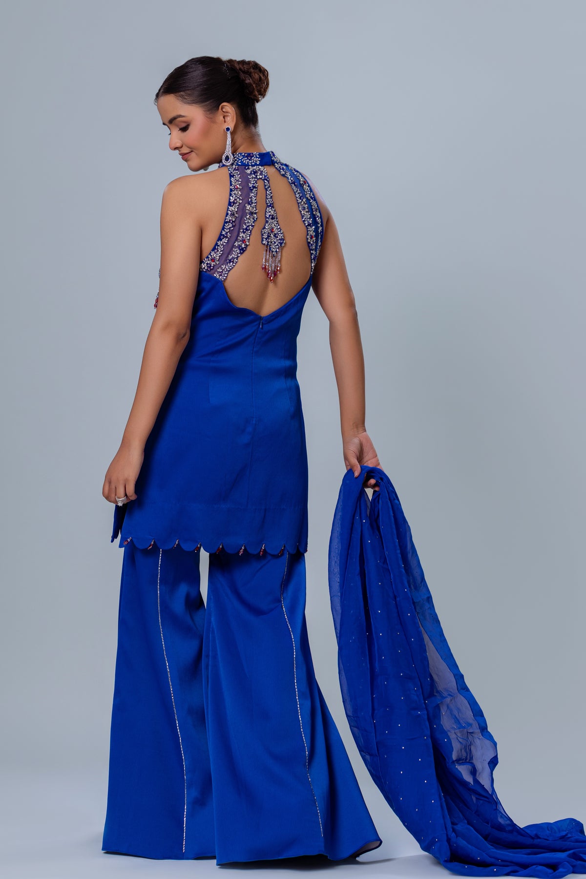 Zoya Royal Blue Halter Bell Bottom Set, Roop Vatika by Raj Arora