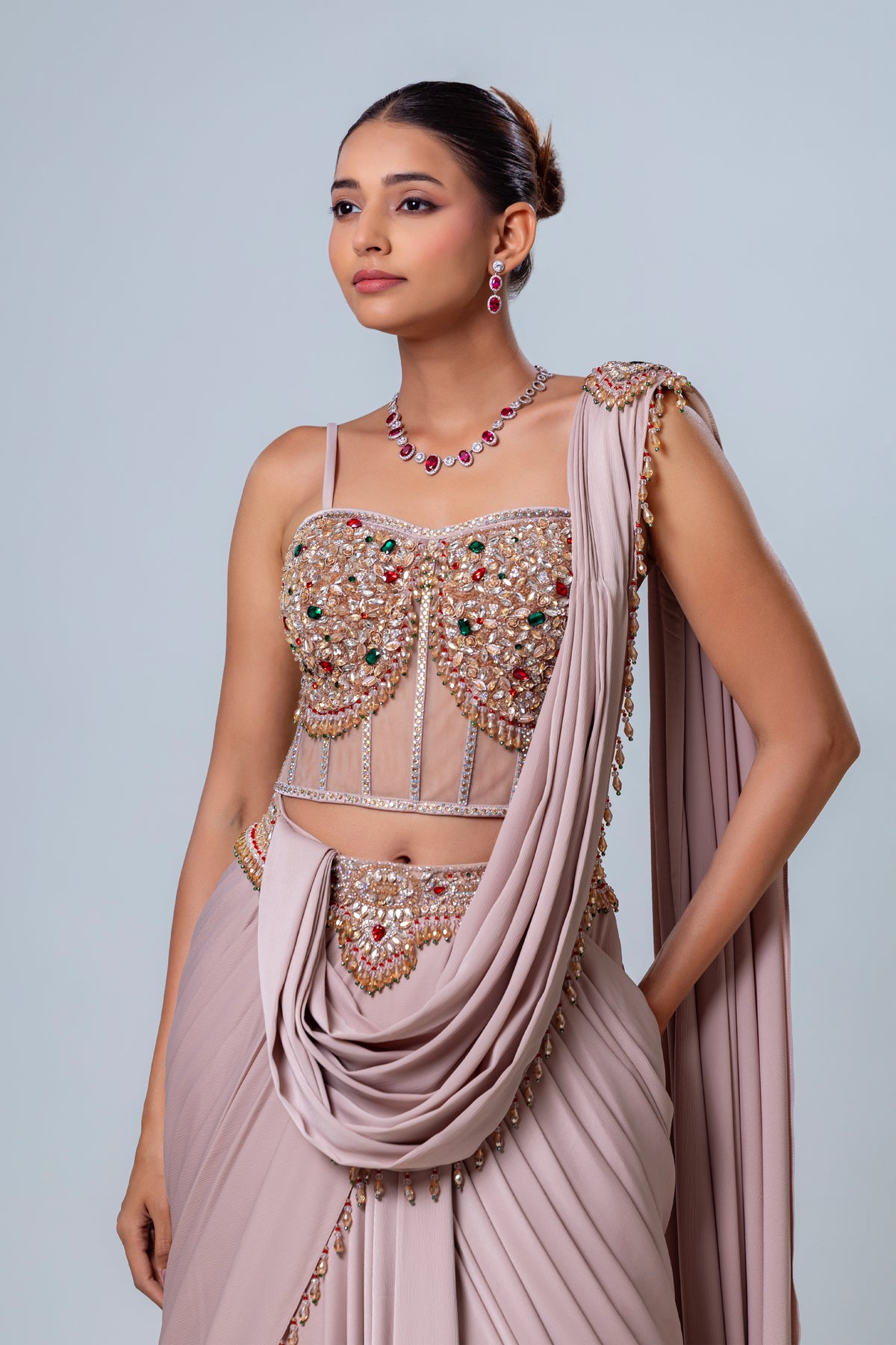 Shanaya Beige Corset Drape Saree