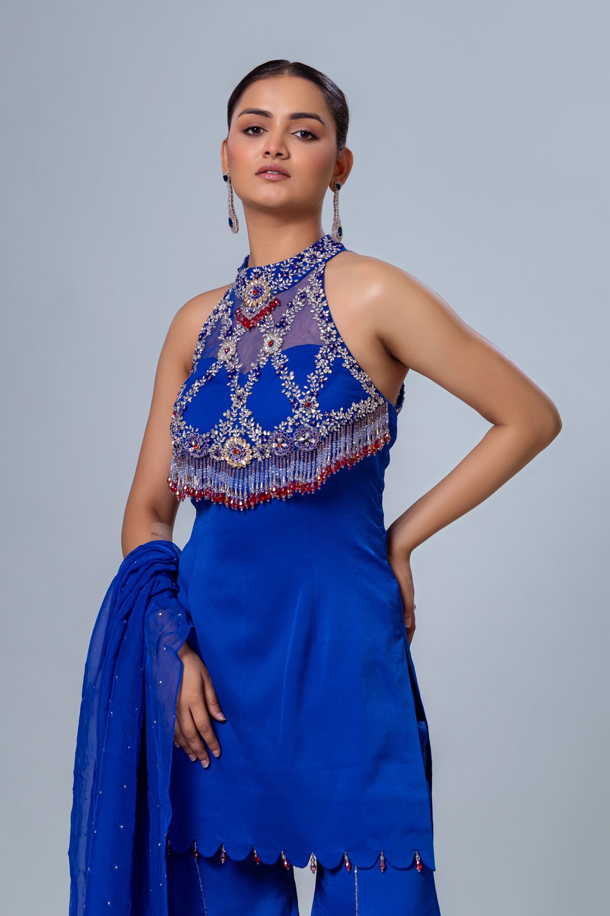 Zoya Royal Blue Halter Bell Bottom Set, Roop Vatika by Raj Arora