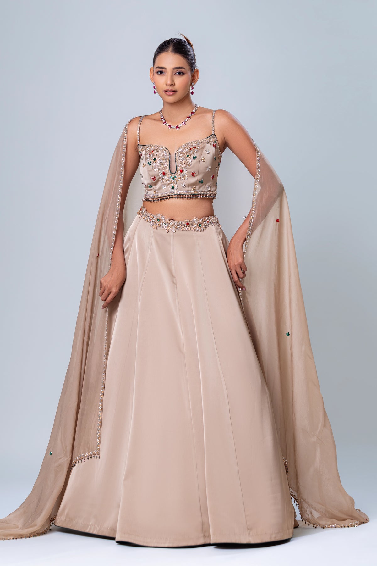 Mehar Beige Spaghetti Strap Crop Top Skirt Set