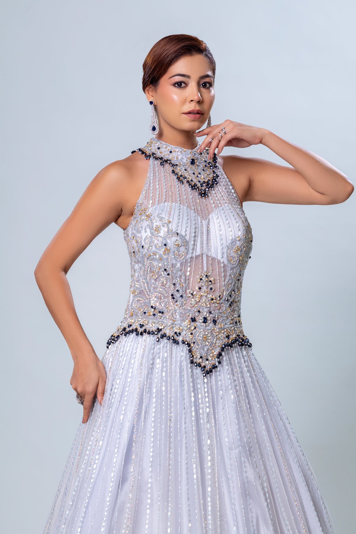 Nishat Ice Blue Metallic A-Line Gown, Roop Vatika by Raj Arora