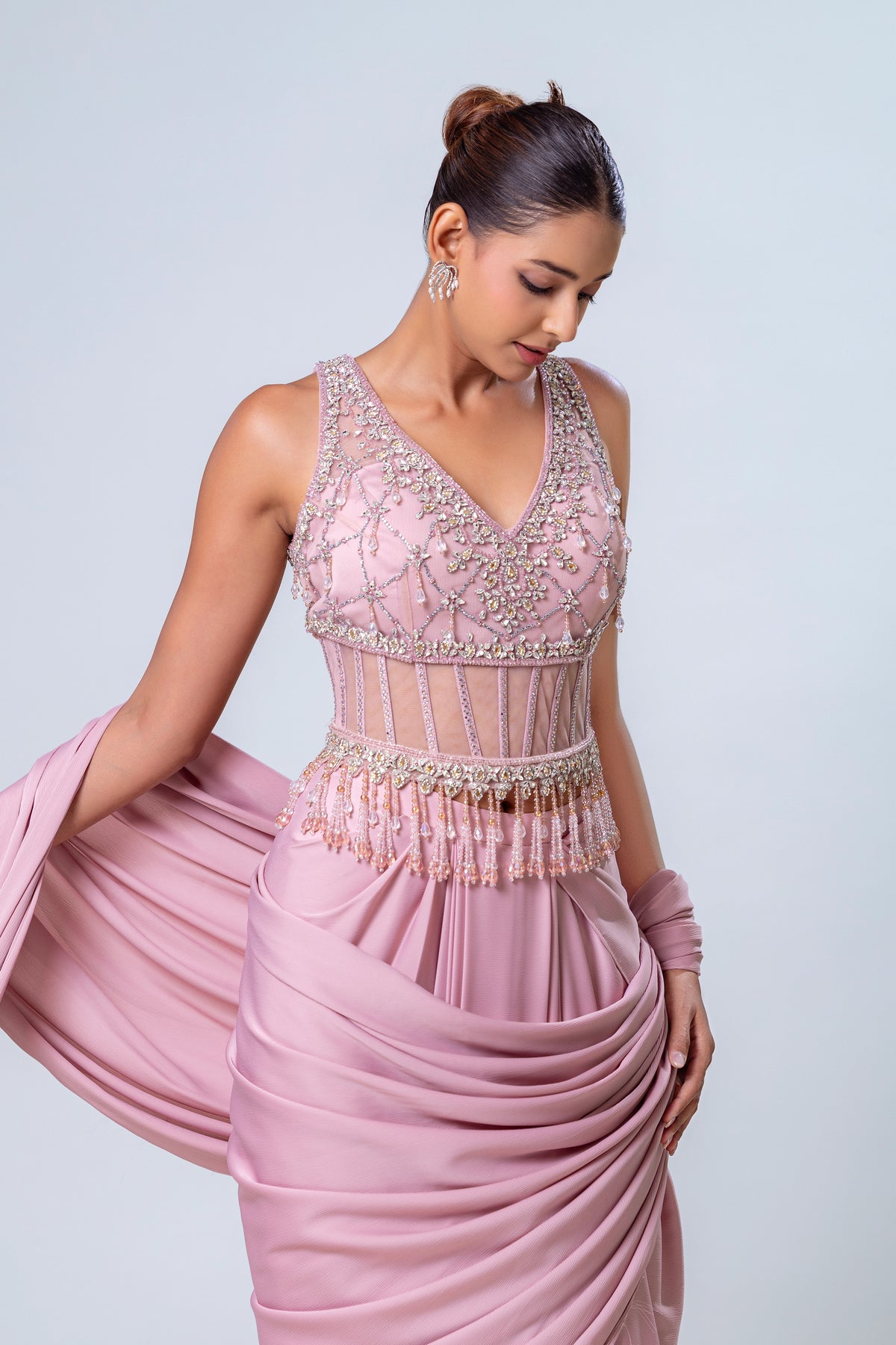Rhea Blush Berry Corset Drape Saree
