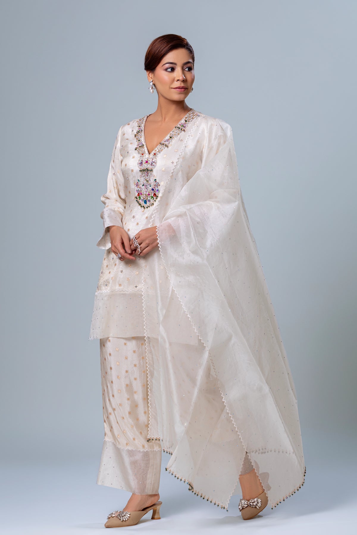 Isha Ivory Tissue Straight Pant Suit, Roop Vatika by Raj Arora