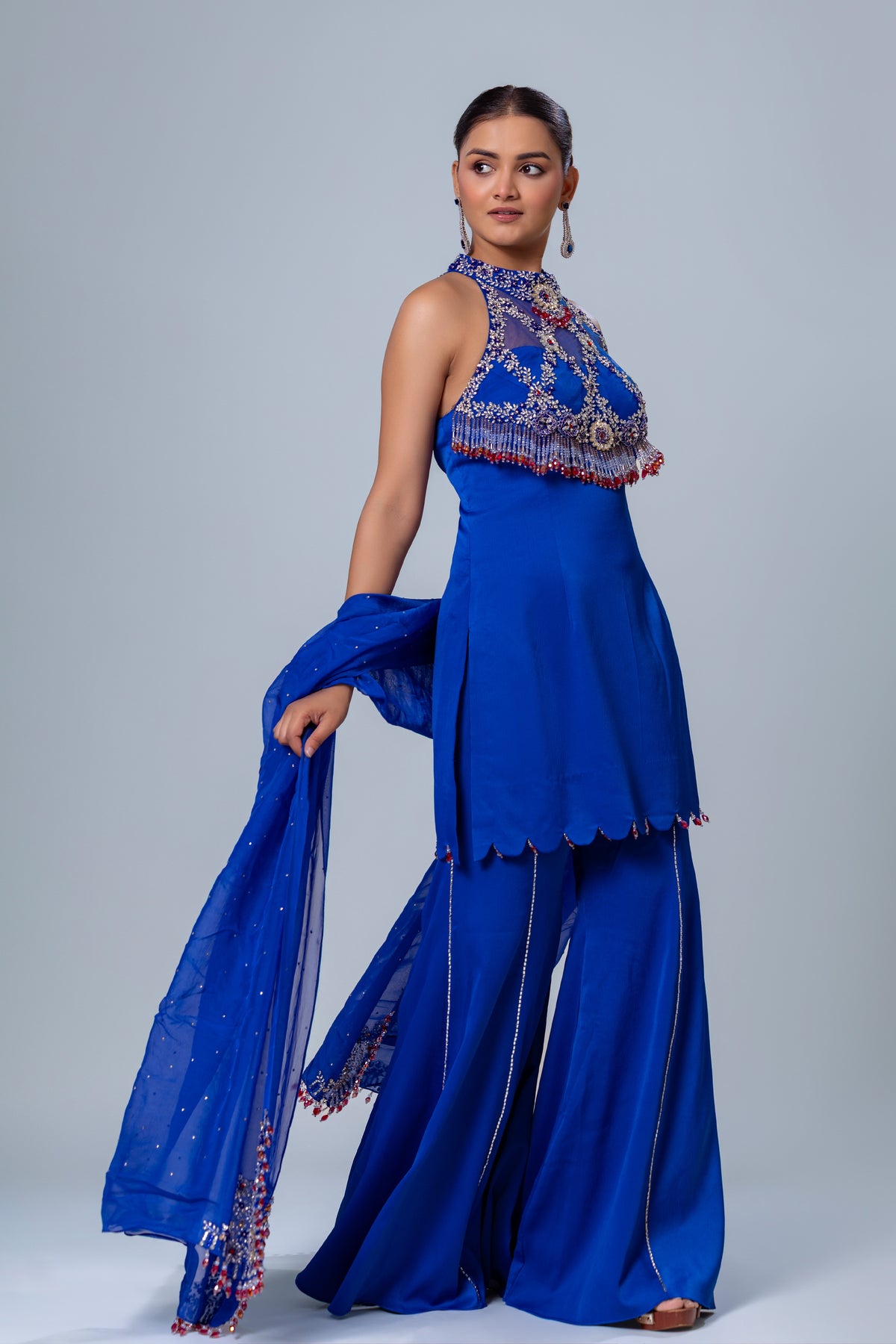 Zoya Royal Blue Halter Bell Bottom Set, Roop Vatika by Raj Arora